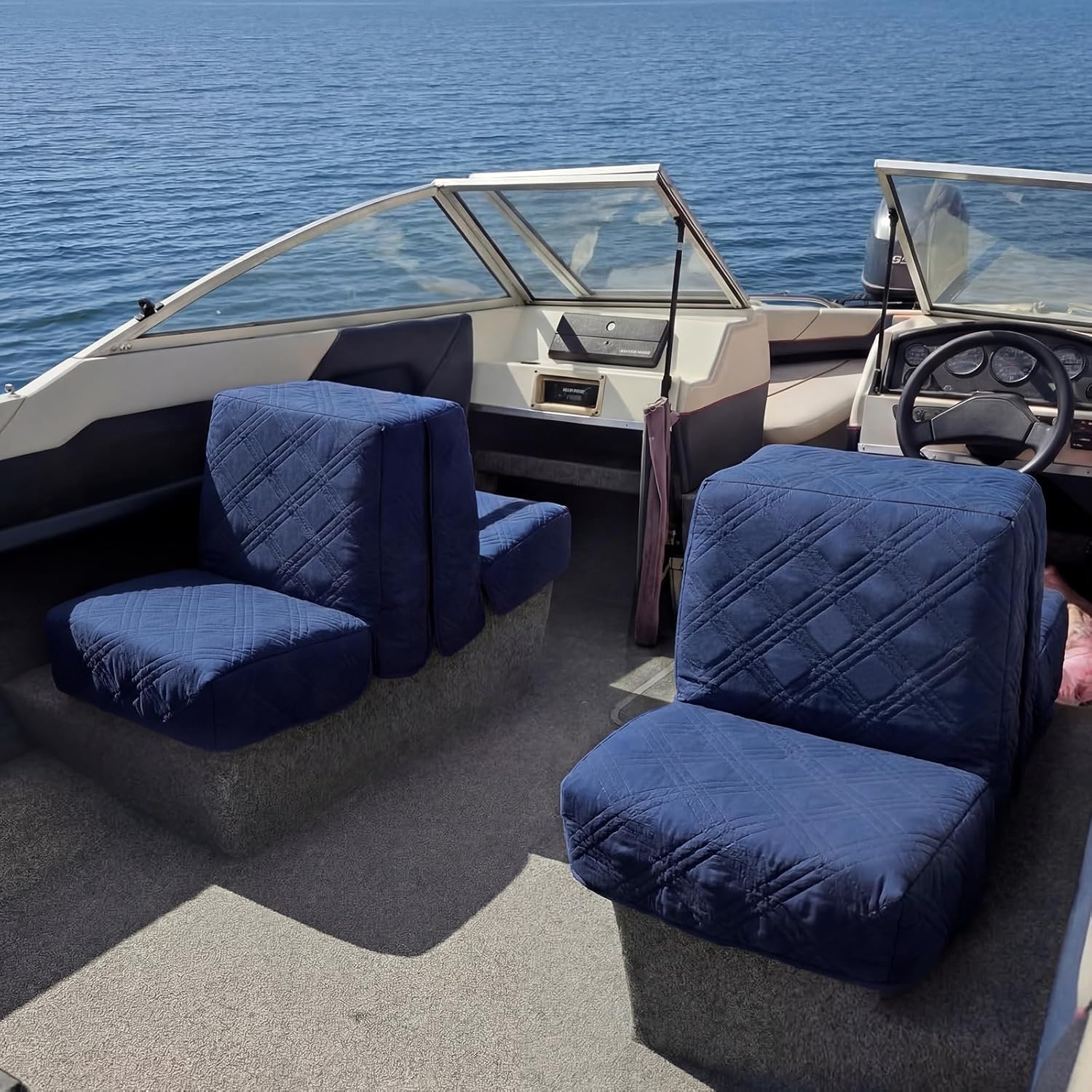 Tegeme 2 Pcs Back to Back Boat Seat Covers Replacement Boat Lounge Seat Covers Durable Microfiber Fabric and Cotton Filling 100% Waterproof Boats Cover for Damaged Seats