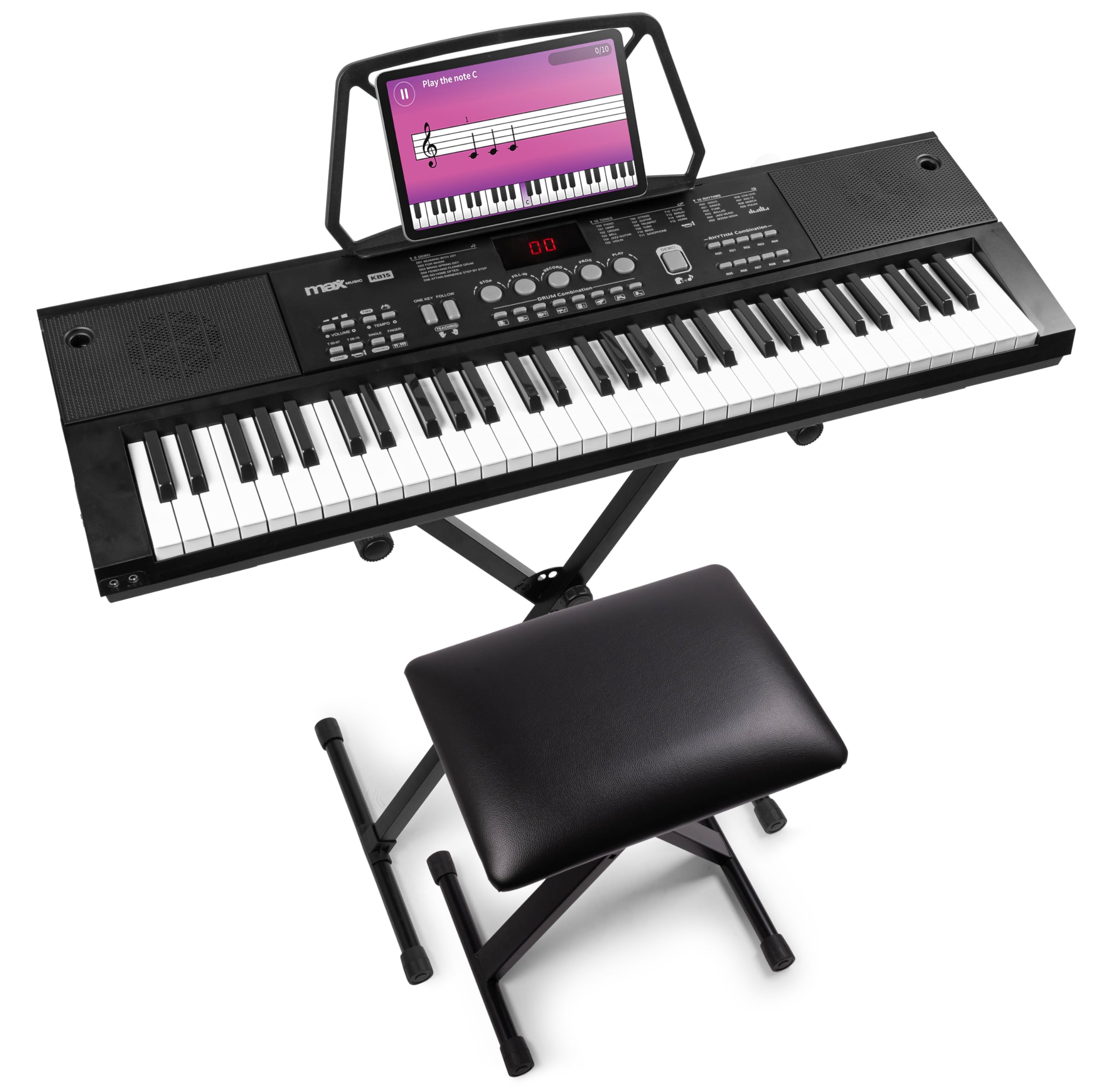 MAX KB15 - Pack de teclado eléctrico de 61 teclas para principiantes que incluye un soporte, auriculares, micrófono, banqueta y batería recargable. Ideal para todas las edades para aprender a tocar.