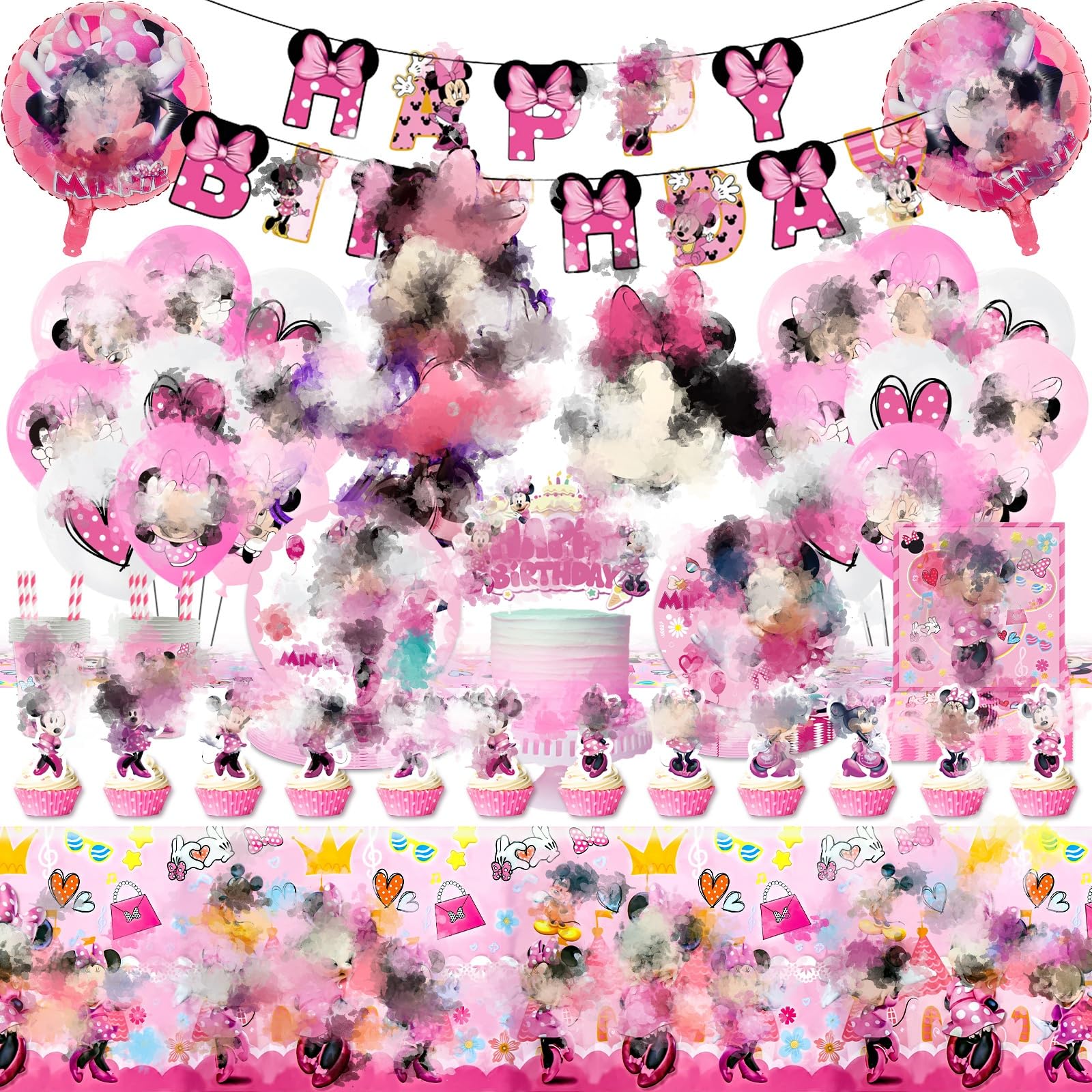 Birthday Decorations, 97PCS Minnie Mouse Kids' Party Tableware Set, Pink Supplies With Banner, Cake Topper, Balloons, Plates, Napkins, Cups, Straws and Tablecloths