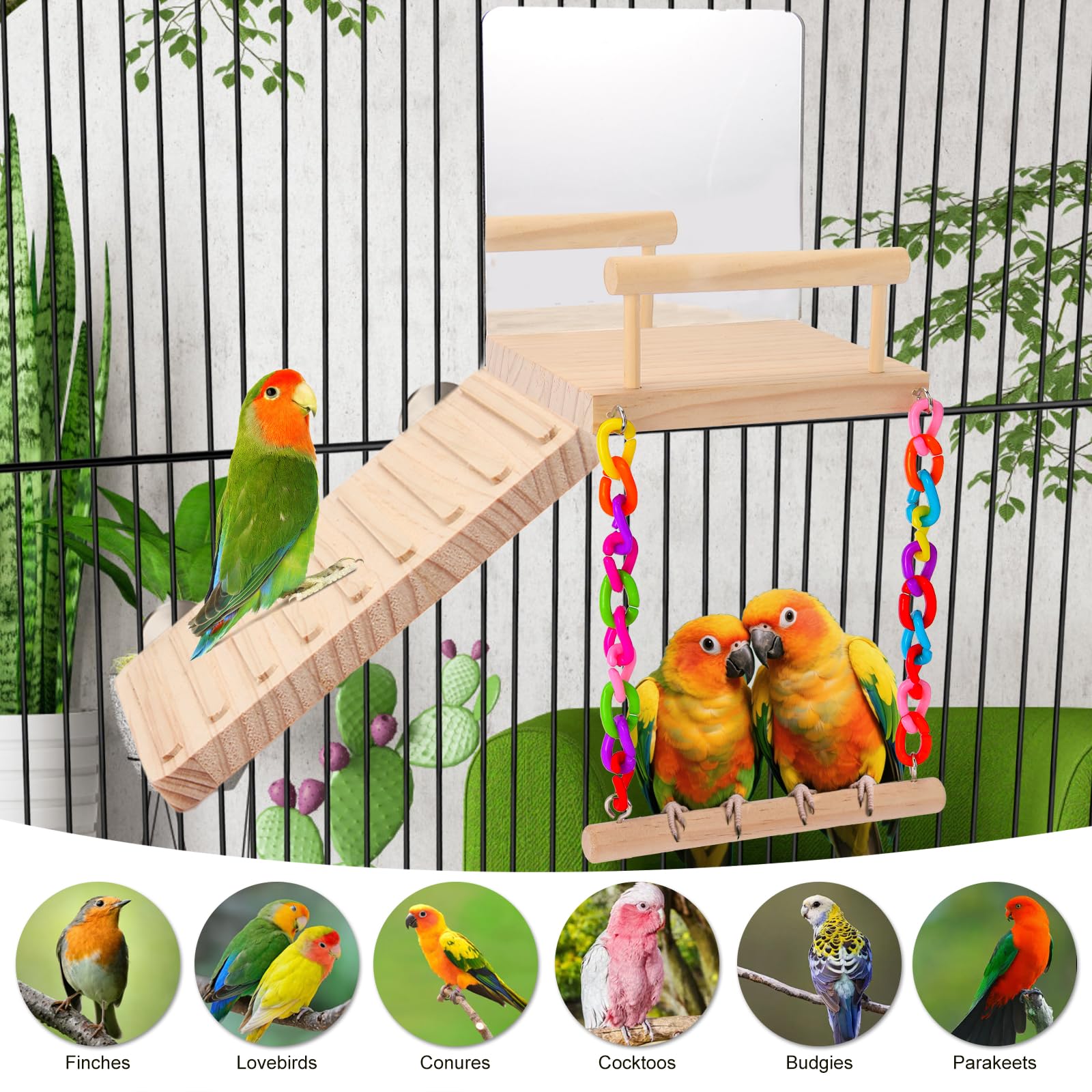 KyoukiBird Perch Platform Bird Toys with Bird Mirror Climbing Ladder Swing, Parakeet Cage Accessories - for Cockatiels, Lovebirds, Budgies,Pacific Parrotlets,Finch,Canaries - Wooden Play Gym