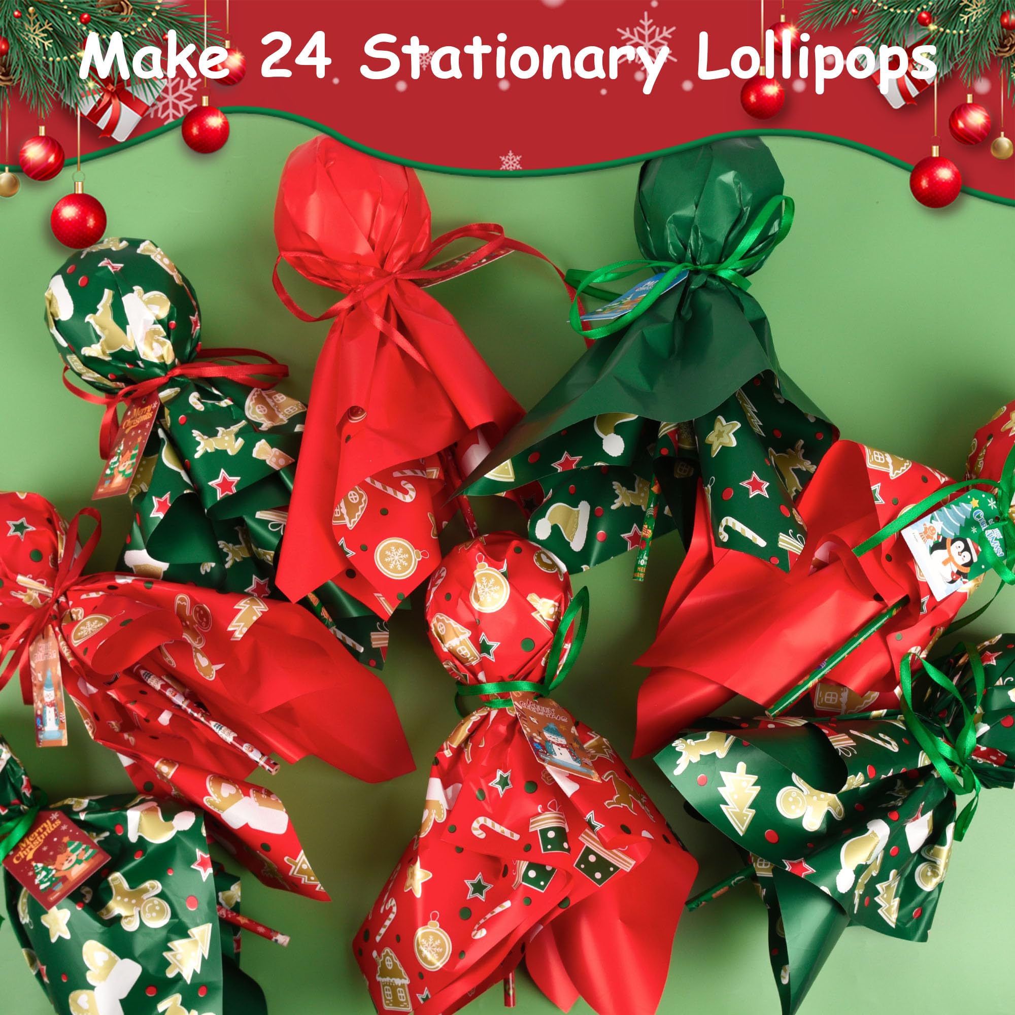Confezione da 24 forniture per feste di Natale, regali di ritorno per studenti di cancelleria da insegnante lecca-lecca gigante con biglietti regalo, matite, gomme, temperamatite per scambio