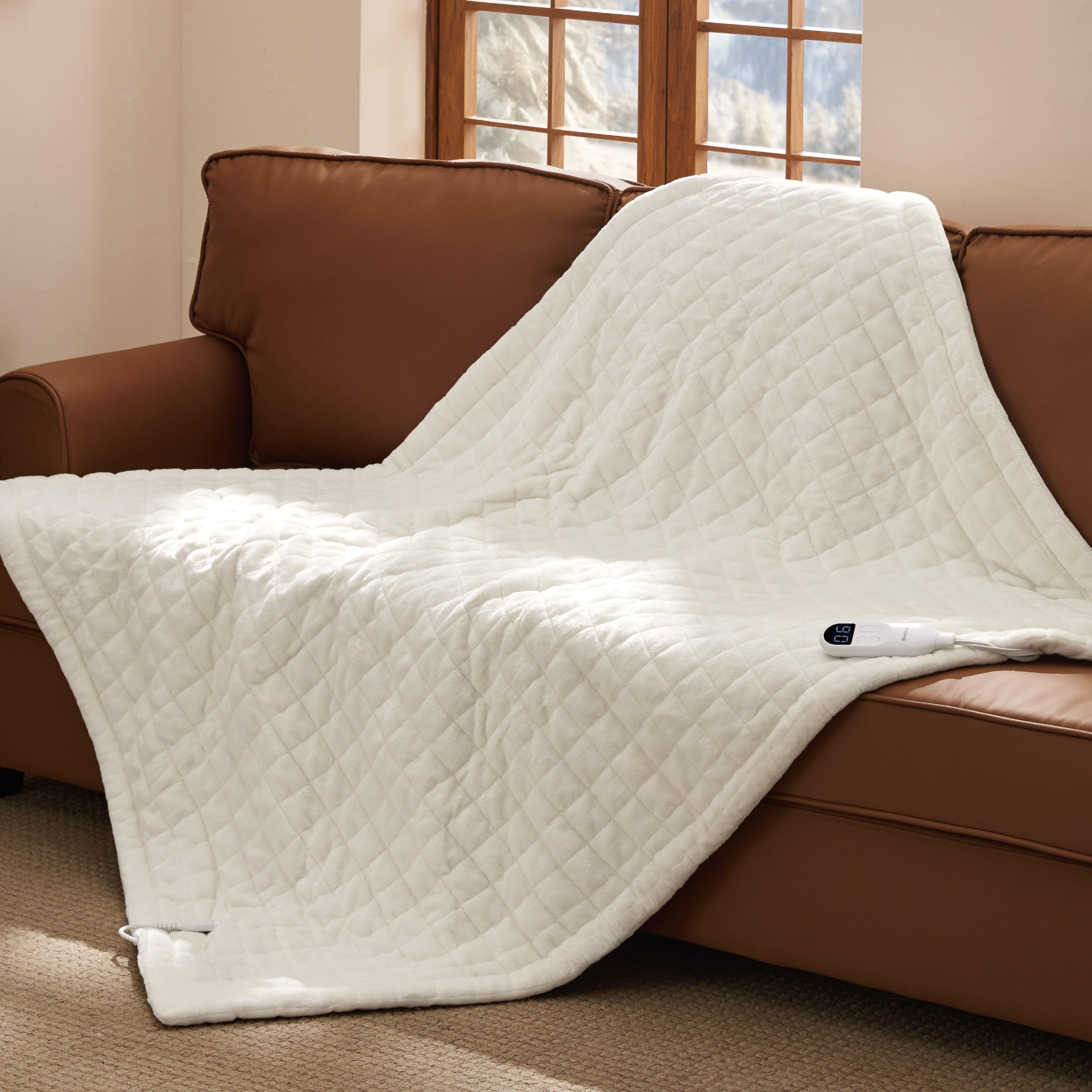 Bedsure Box Quilted Heated Throw Blanket, Thick Electric Blanket, Ivory