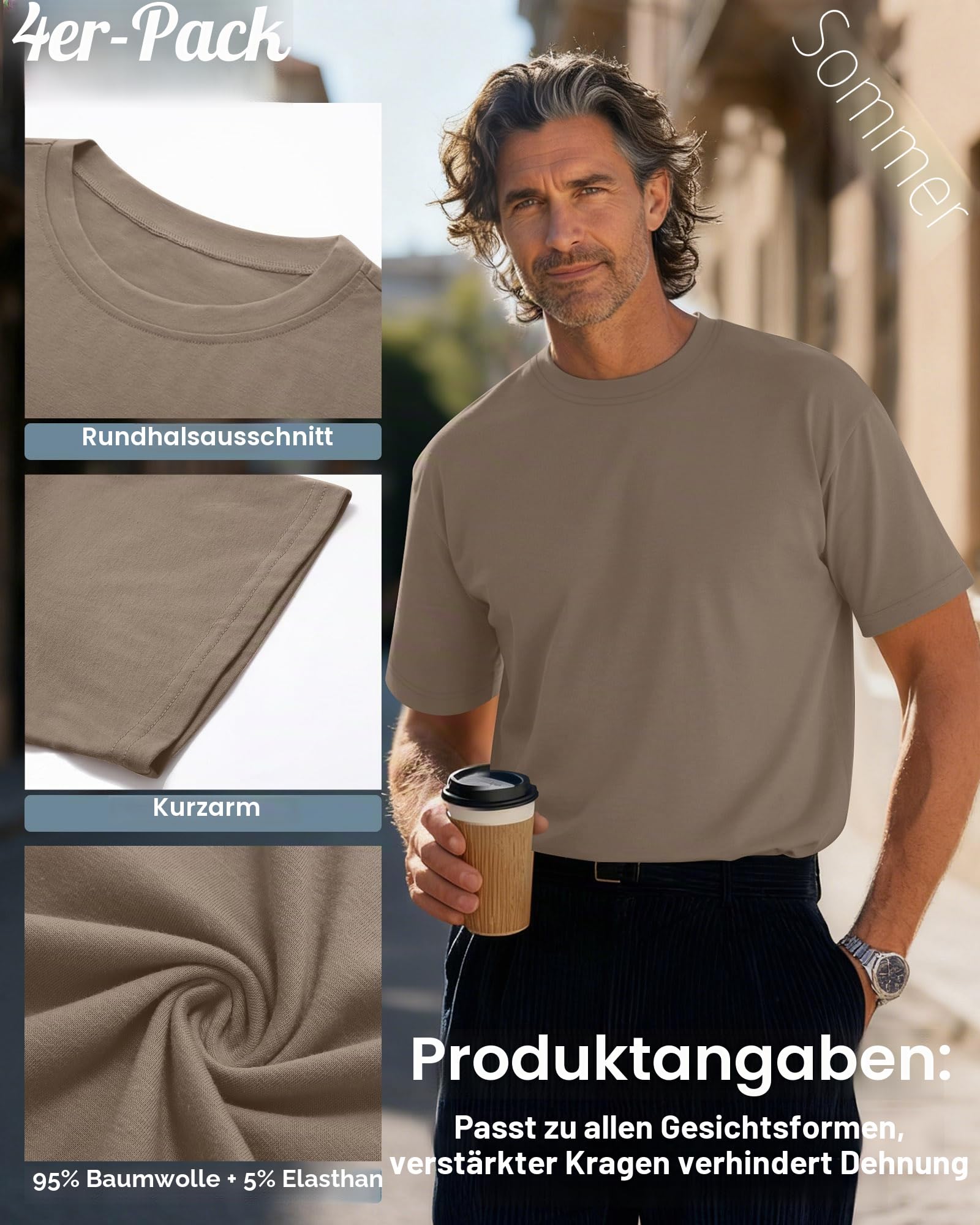 Neer 4er-Pack Herren-T-Shirts in Großen und Langen Größen Sommer-Baumwolle, Kurzarm, Freizeit-Basic-Oberteil