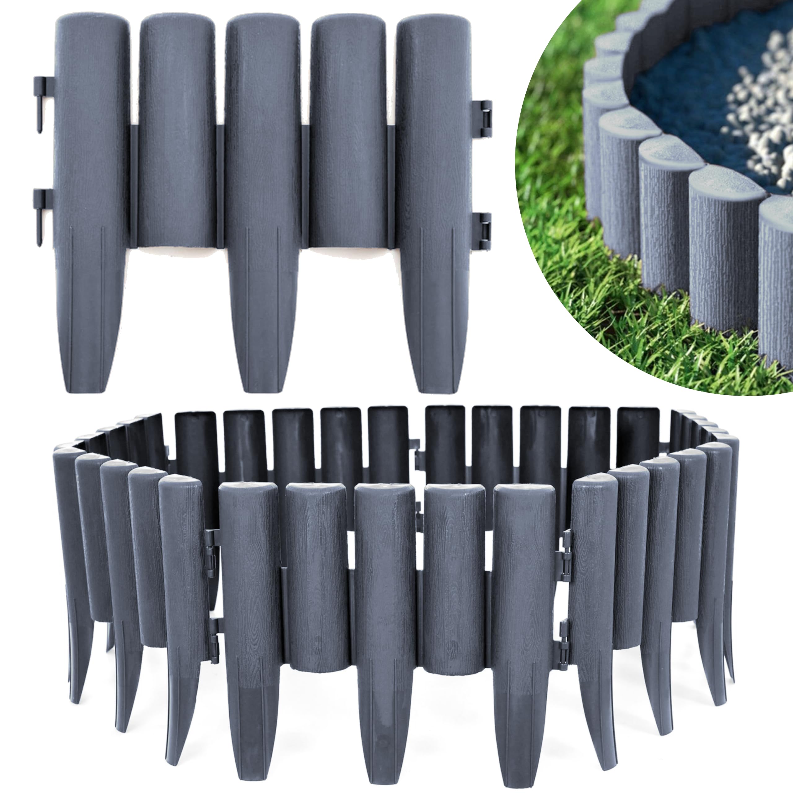 KRUMAD Rasenkante Kunststoff Holzoptik, 10 Stück Set 2,8 Meter, Höhe 24 cm, Beeteinfassung Garten, Flexible Beetumrandung, Witterungsbeständig, UV- & Frostfest, Einfacher Aufbau, Grau