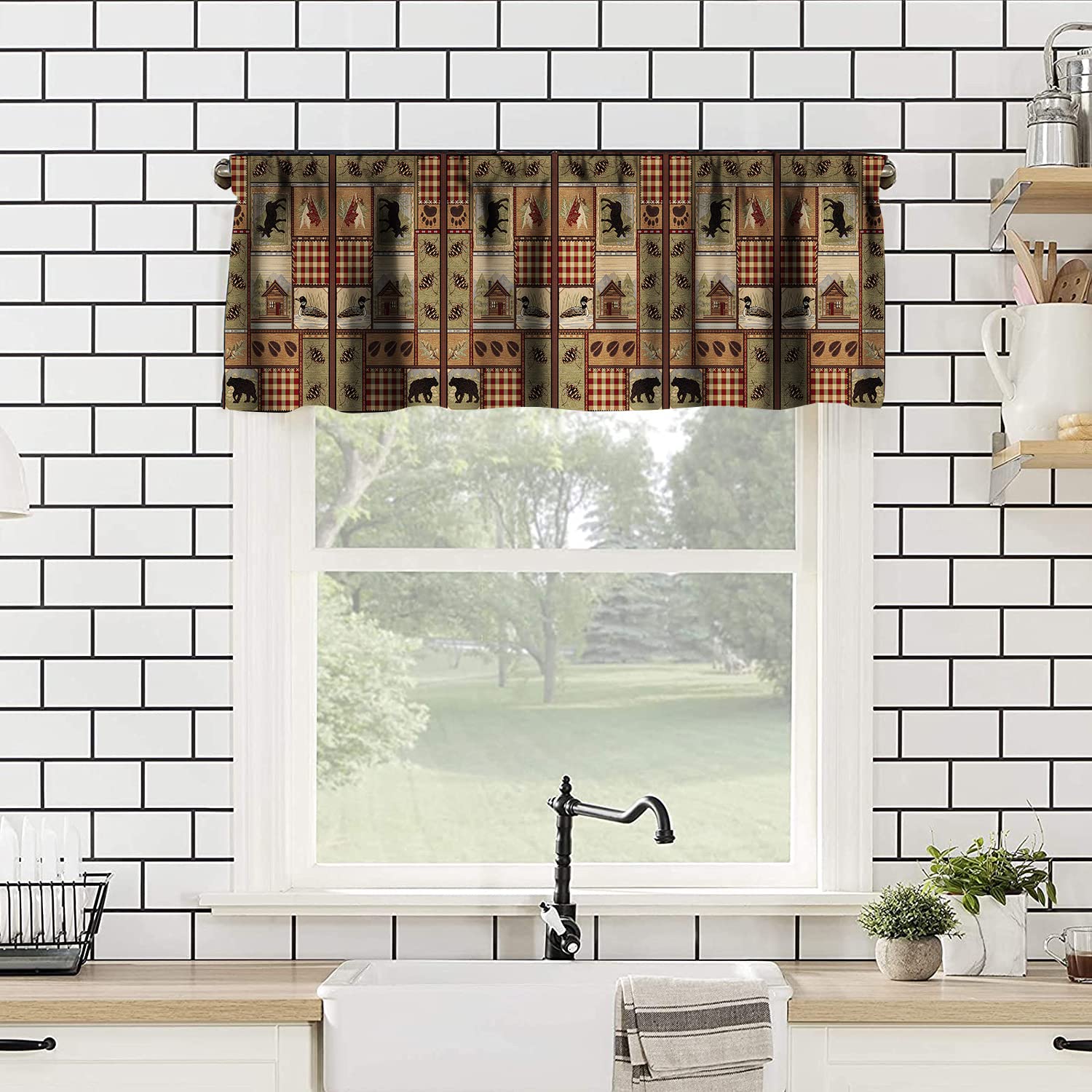 GoDazzling Retro Rustic Kitchen Curtain Valance, Animal Moose Deer Bear Duck Leaf Tree Country Farmhouse Style Window Valance, for Bedroom Living Room Cafe Bathroom W54xL18in 1 Panels