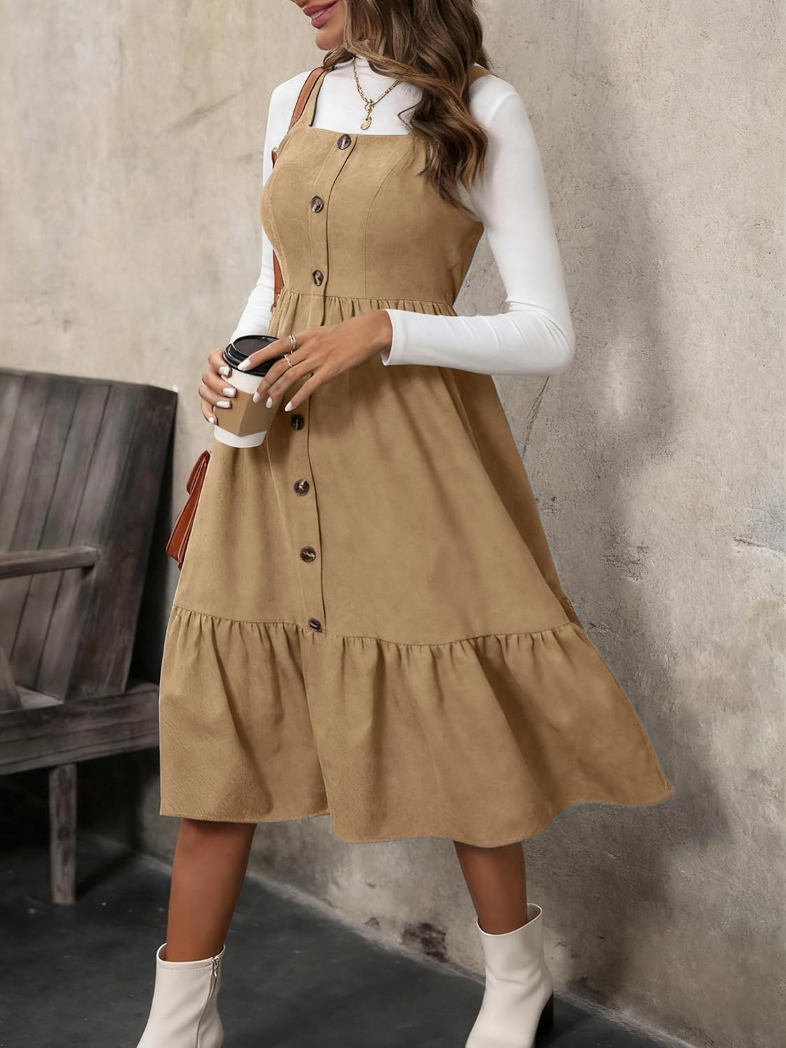chouyatou Women's Sexy Spaghetti Strap Ruffle Hem Corduroy Dress A Line Pinafore Overall Jumper Midi Long Dress