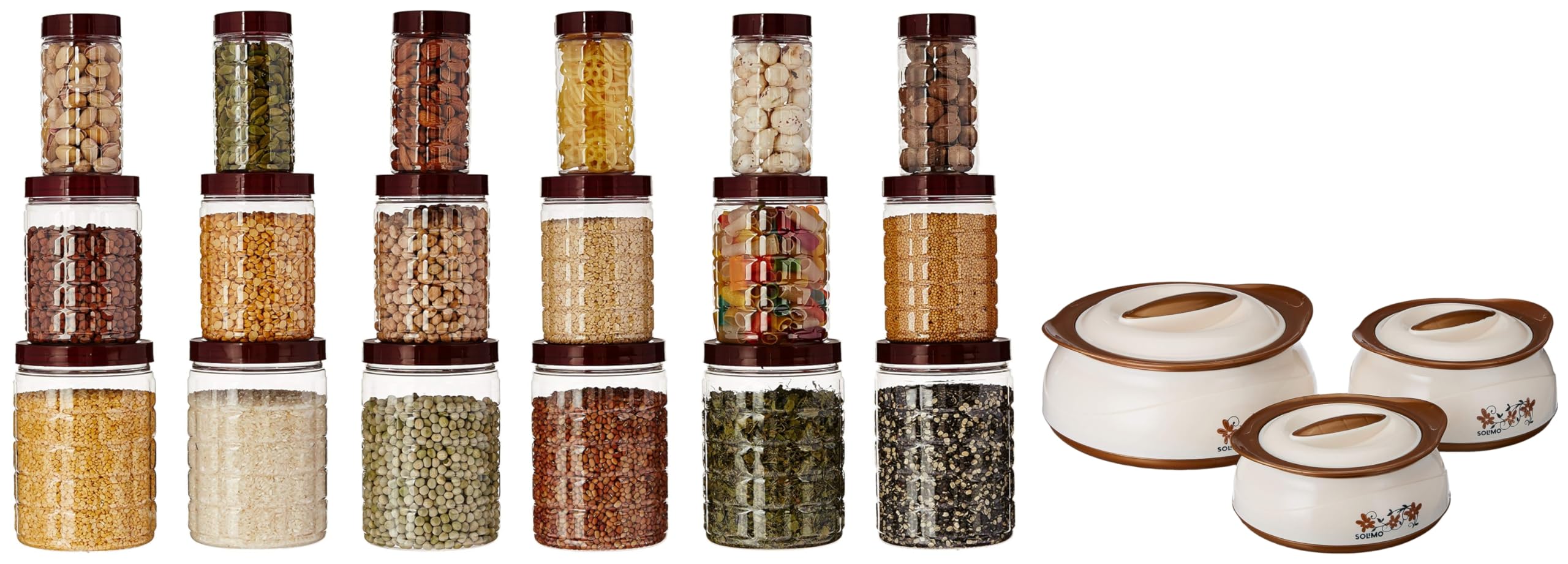 Amazon Brand - Solimo Chemical-Free Plastic and Casserole (Brown Silver, 450/900/1450 ml) -Set of 3 Checkered Jar Container Set of 18, 1000 ml, 500 ml, 250 ml (B0CDGW39M2) Amazon Price History, Amazon Price Tracker