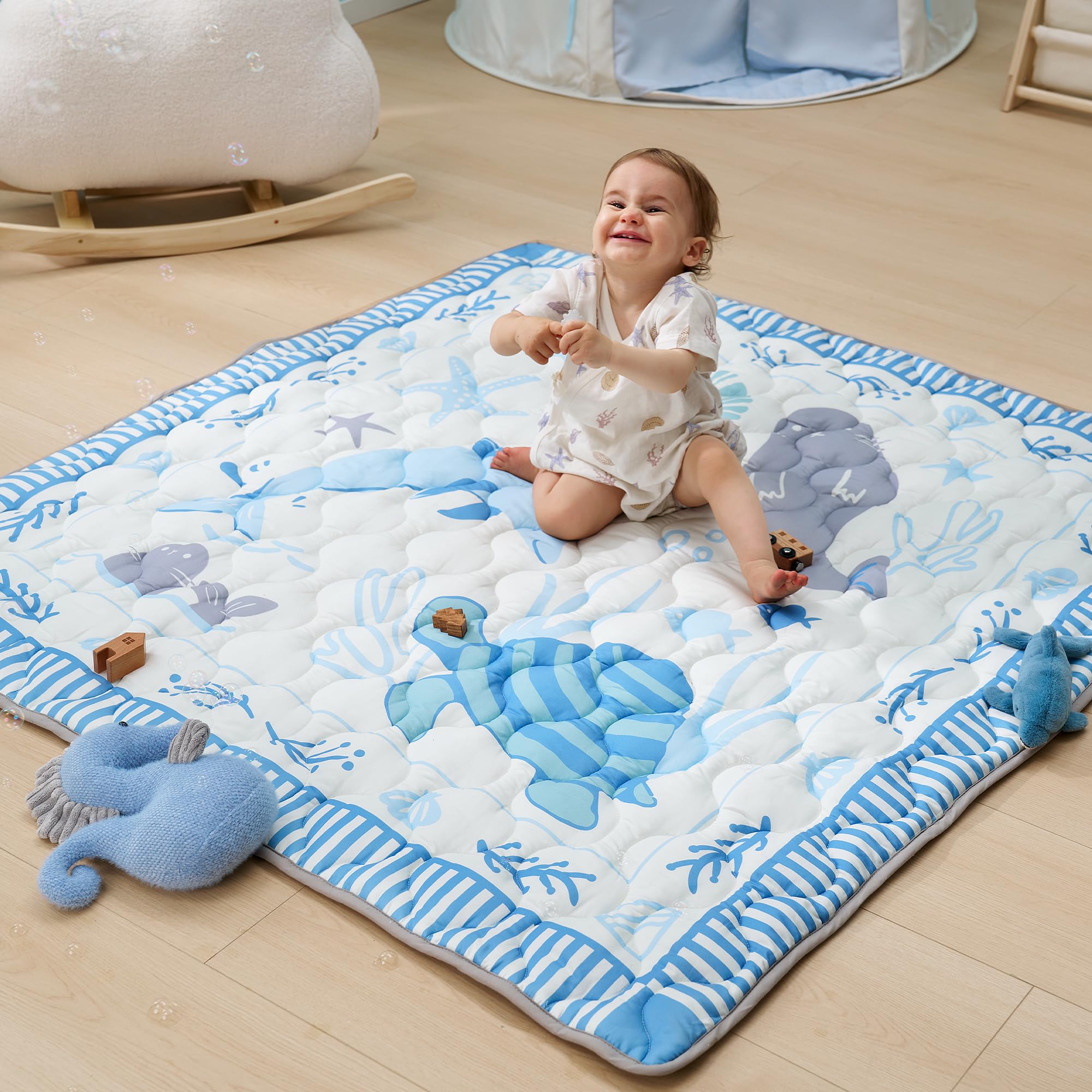 Momcozy Spielmatte Baby für den Boden, 127x127 cm verdickte Krabbeldecke, Spielunterlage für Baby Bauchzeit, wasserabweisend & rutschfest, Spielmatte Baby faltbar Outdoor mit Tragegriff, Ozean
