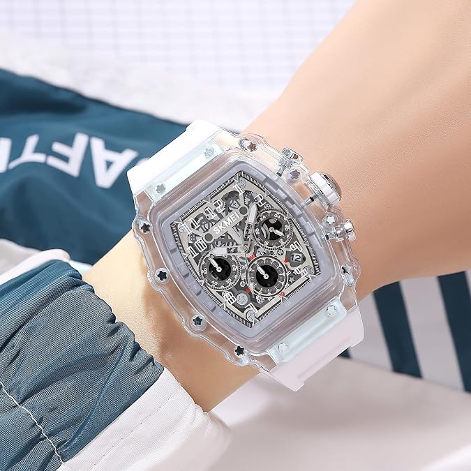 MASTOP Fashion Hollowed Men Watches Tonneau Transparent Silicone Strap Skull Big Face 50M Waterproof Chronograph Calendar Analog Display Quartz Male Wrist Watch