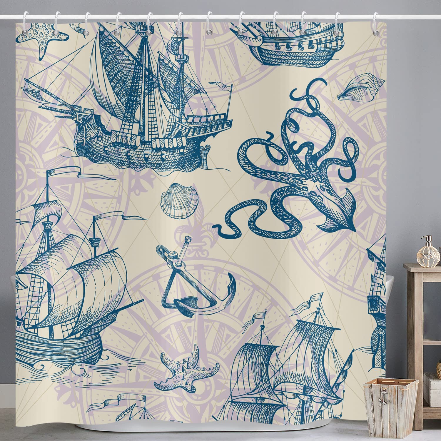 ASDCXZ Shower Curtain Maritim 150x180 cm, Maritime Nautical Sailboat Anchor Sea Animals Octopus Shells Washable Shower Curtains Polyester Textile Waterproof Shower Curtain for Bathtub with 10 Hooks โ image 1