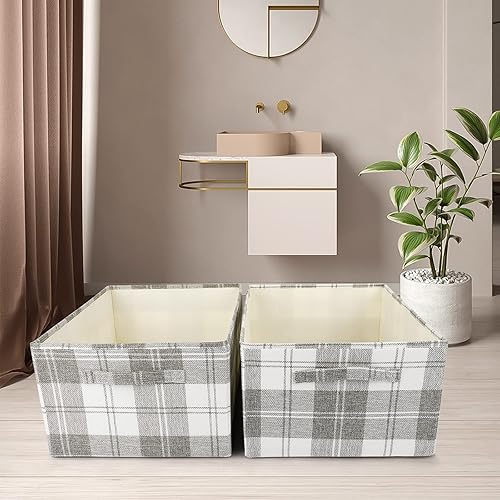 Miniatura 7 de ANMINY 2 cestas de almacenamiento para armario con asas, contenedores plegables grandes de tela para estantes, cestas rectangulares, ropa y manta,