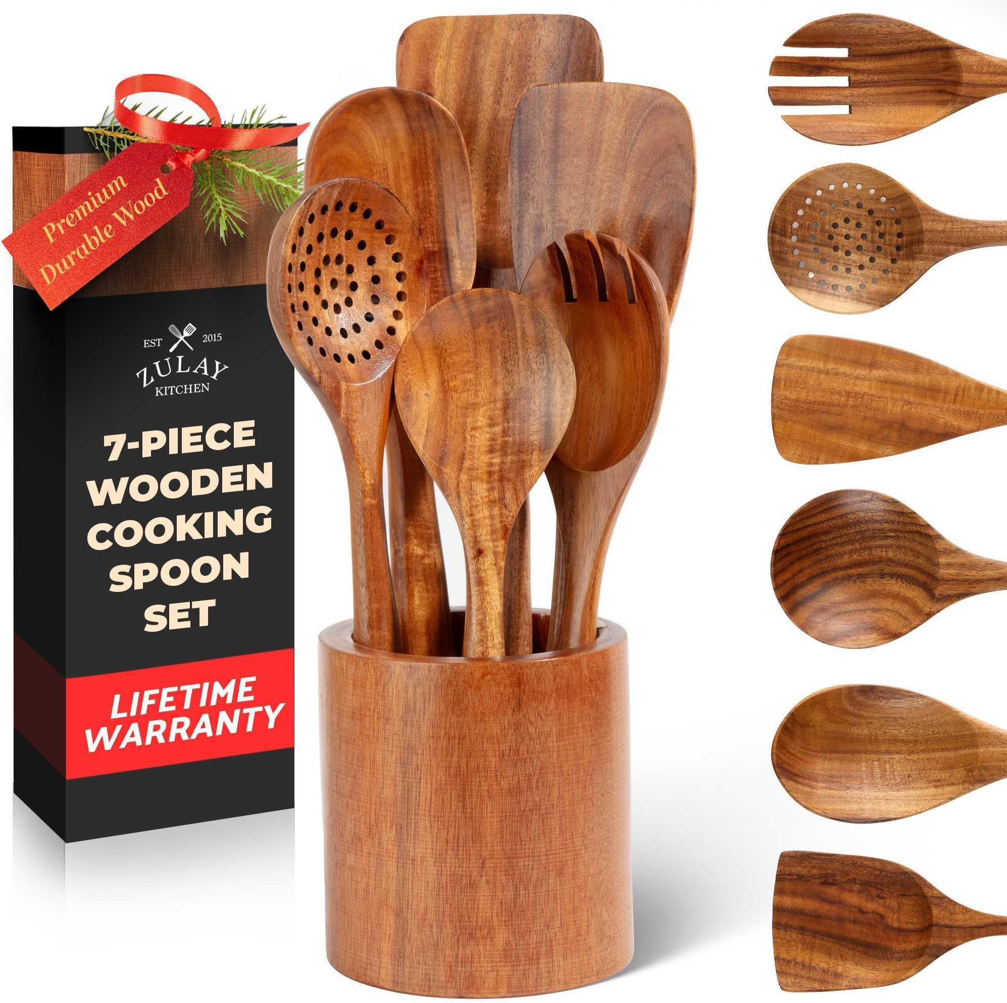 Zulay Kitchen 7-Piece Wooden Cooking Spoons Set – Heat-Resistant, Smooth Teak Utensils with Comfort Grip – Lightweight & Durable – Easy to Clean, Perfect for Non-Stick Cookware