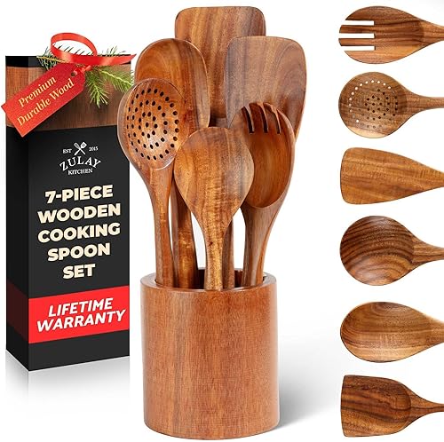 Zulay Kitchen Juego de 7 cucharas de madera para cocinar – Utensilios de teca lisos resistentes al calor con agarre cómodo – Ligeras y duraderas –