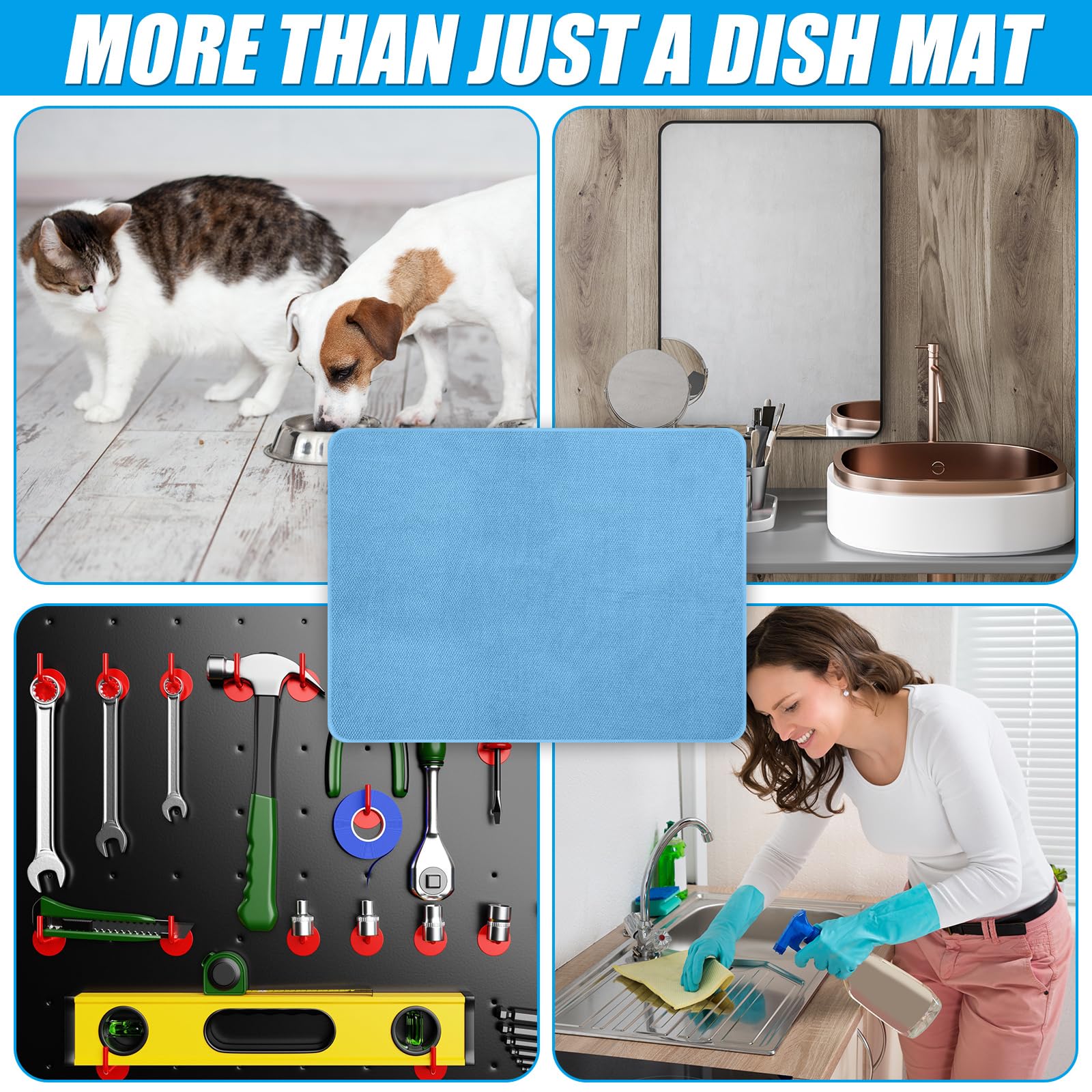 Hushee Paquete de 2 alfombrillas de secado de platos extragrandes de microfibra absorbente para secar platos de gran tamaño para encimera, fregadero, refrigerador o secadora (30 x 24 pulgadas, azul)