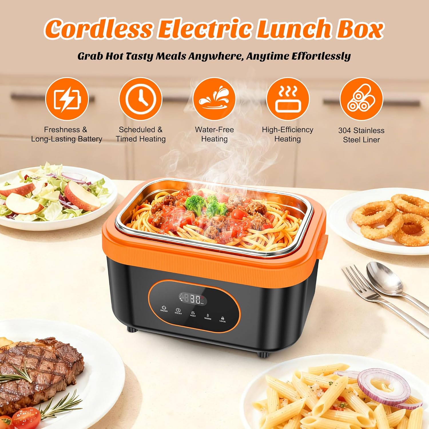 Cordless Heated Lunch Box, 6-Cup Capacity 1.5L 360° Rapid Heating, Battery-Powered Portable Electric Lunch Box with Smart Timer, Rechargeable for Work, Travel, Car, Home & Outdoors - Image 2