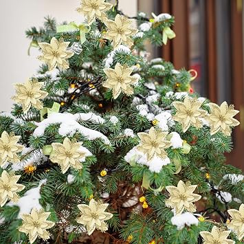 30 PCS Poinsettia Christmas Decorations,Glitter Poinsettia Artificial Flowers with 30 Stems,for Xmas Tree Ornaments,New Year,Garland Wreath Decoration