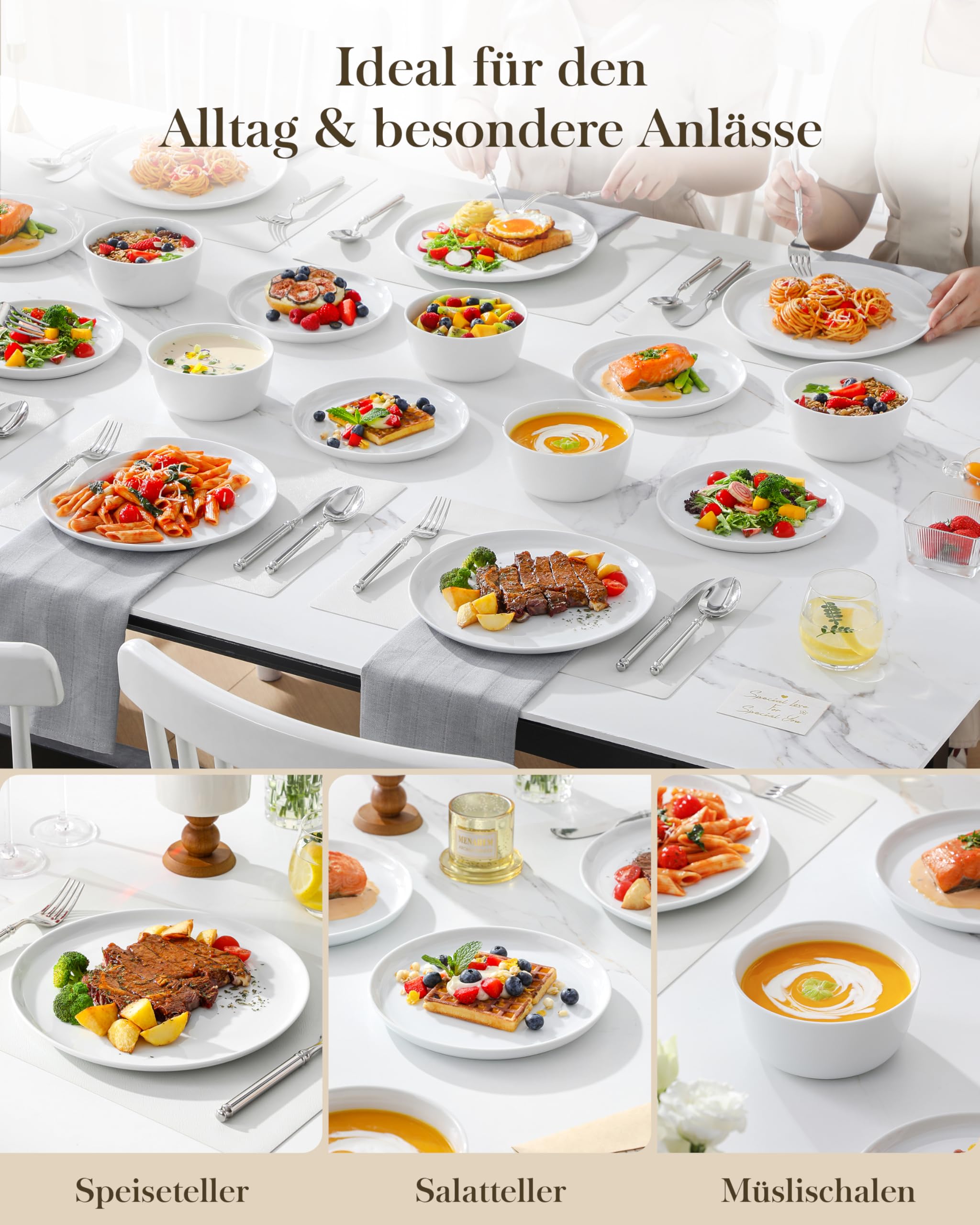 MALACASA Geschirrset 18-teilig, Porzellan Schüssel und Teller Set, Tafelservice 6 Personen, Weiße Speiseteller & Schalen, Rundes Essgeschirr Set, Spülmaschinen- & Mikrowellengeeignet, Serie LEXI
