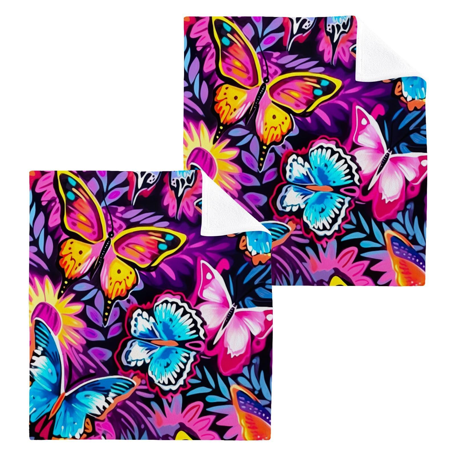 Haskirky Washcloths 2 Pack Colorful Butterfly Cotton Wash Cloths - 12 x 12 Inches Highly Absorbent Soft Face Towel Bath Quick Drying Hand Towels for