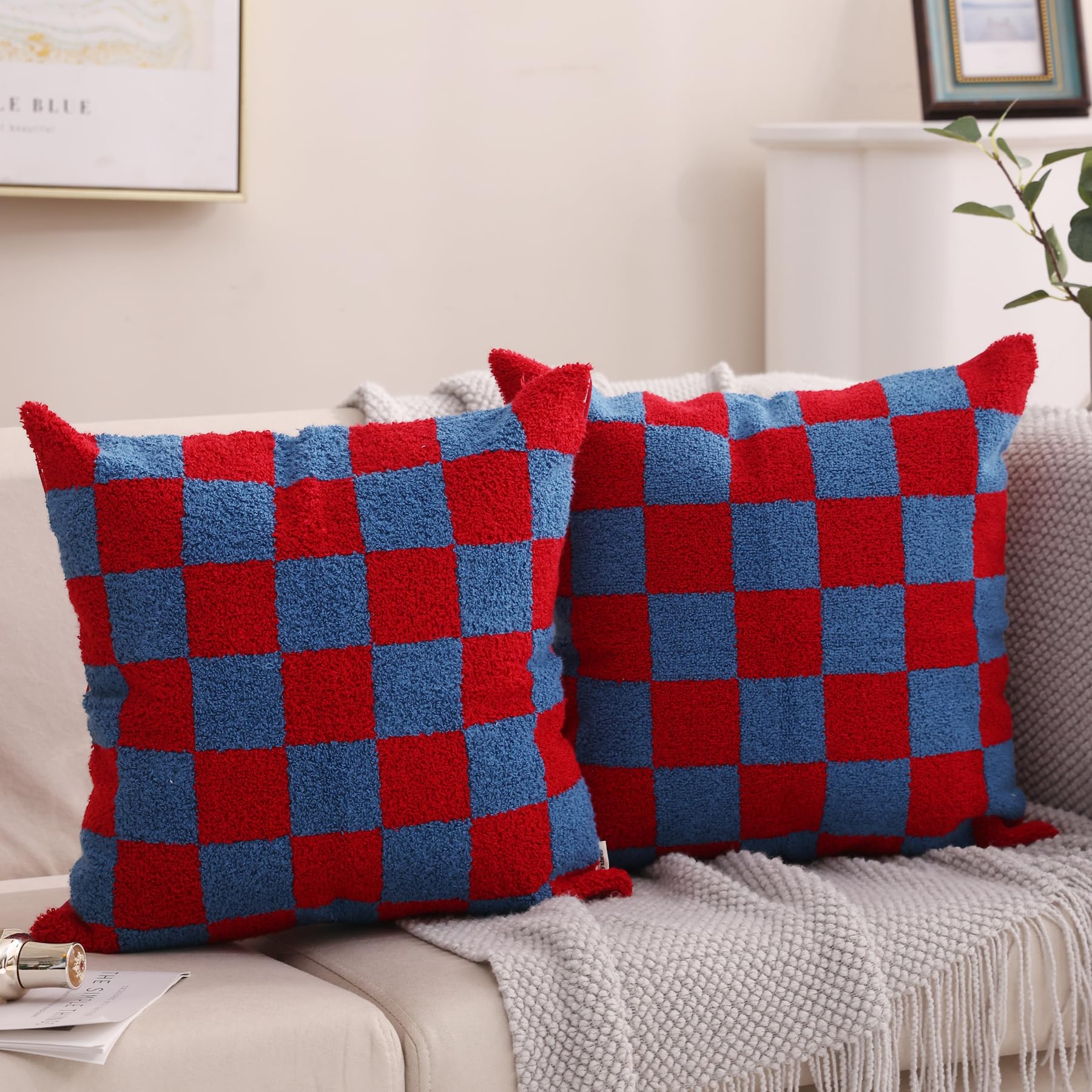 2 Zierkissenbezüge Blumenmuster Rot/blau – 45,7x45,7 Cm, Polyester, Beidseitig Bedruckt, Mit Reißverschluss