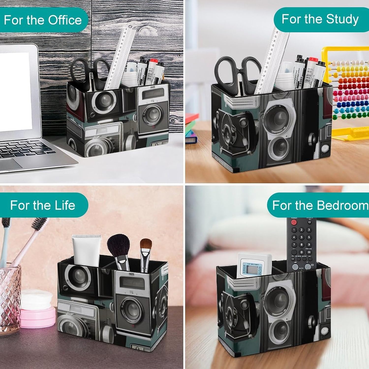 Retro Cool Camera Collection Printed Pen Pencil Holder Cup Container PU Leather Desk Organizer Stand Home Office Organization Office Accessories Container Box 2 Compartments image 4