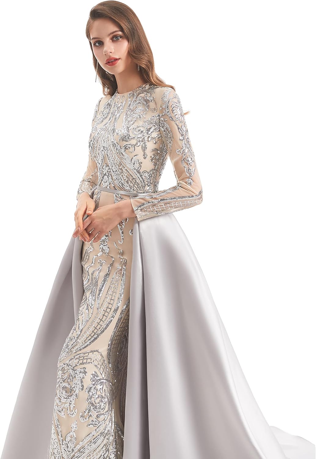 Women's Long Sleeve Mermaid Detachable Train Evening Prom Dresses Long Sequins