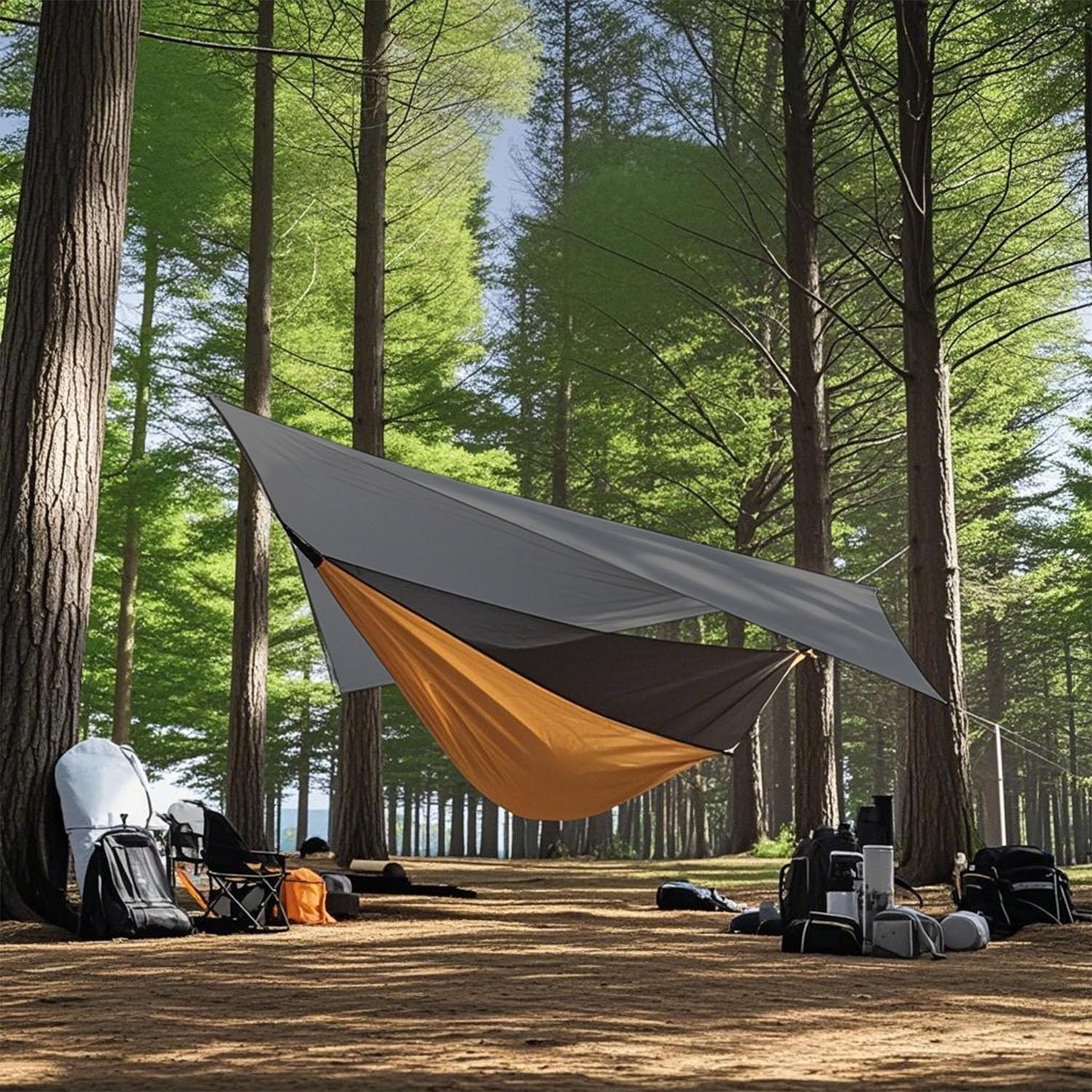Lona para hamaca, lona de lluvia para camping, hamaca, tienda de campaña de 11 x 9 pies, equipo de camping imprescindible con fácil instalación, incluye estacas para tienda de campaña y bolsa de