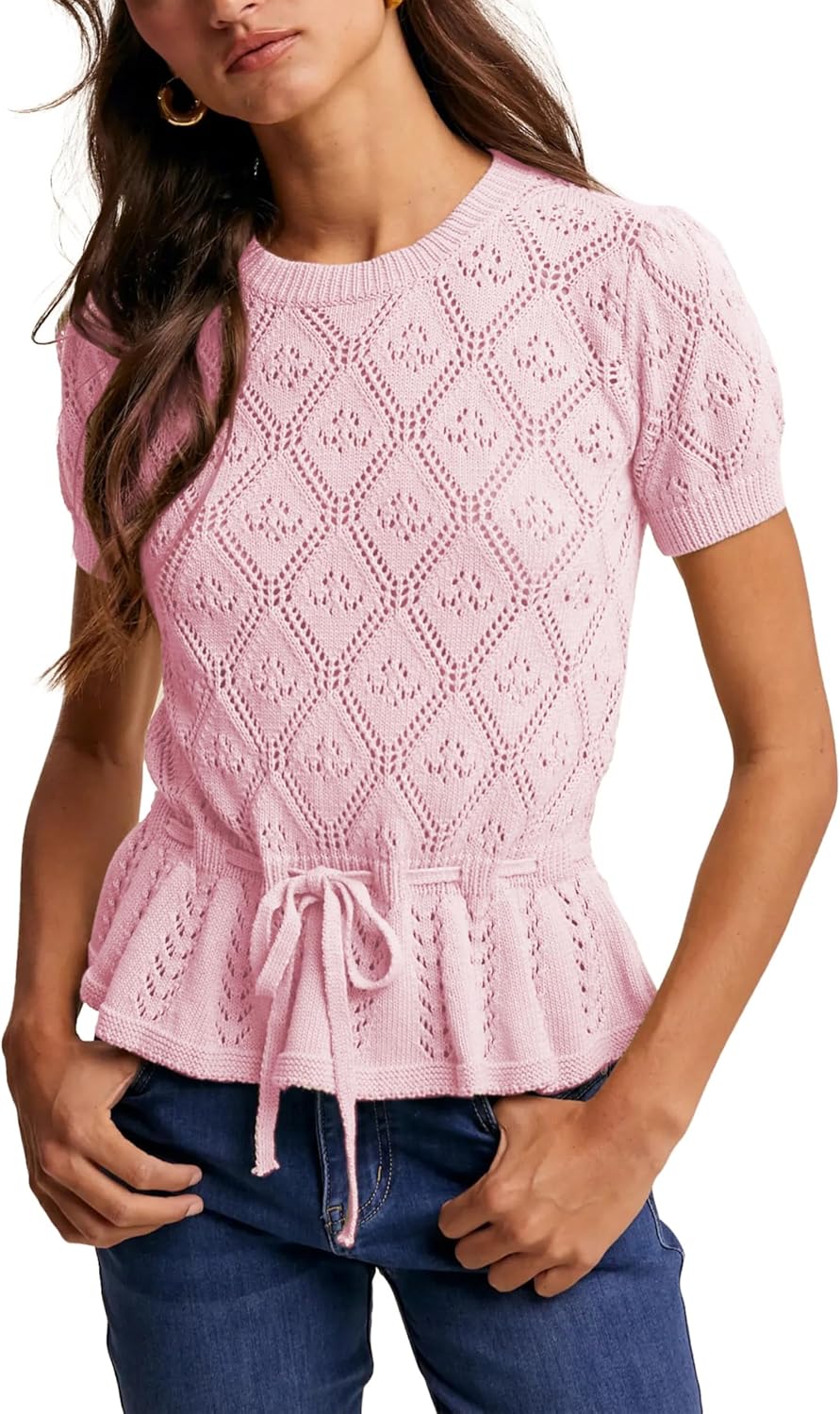 Bianstore Womens Casual Short Sleeve Crochet Knit Sweater Lightweight Hollow Out Tie Front Peplum Tops
