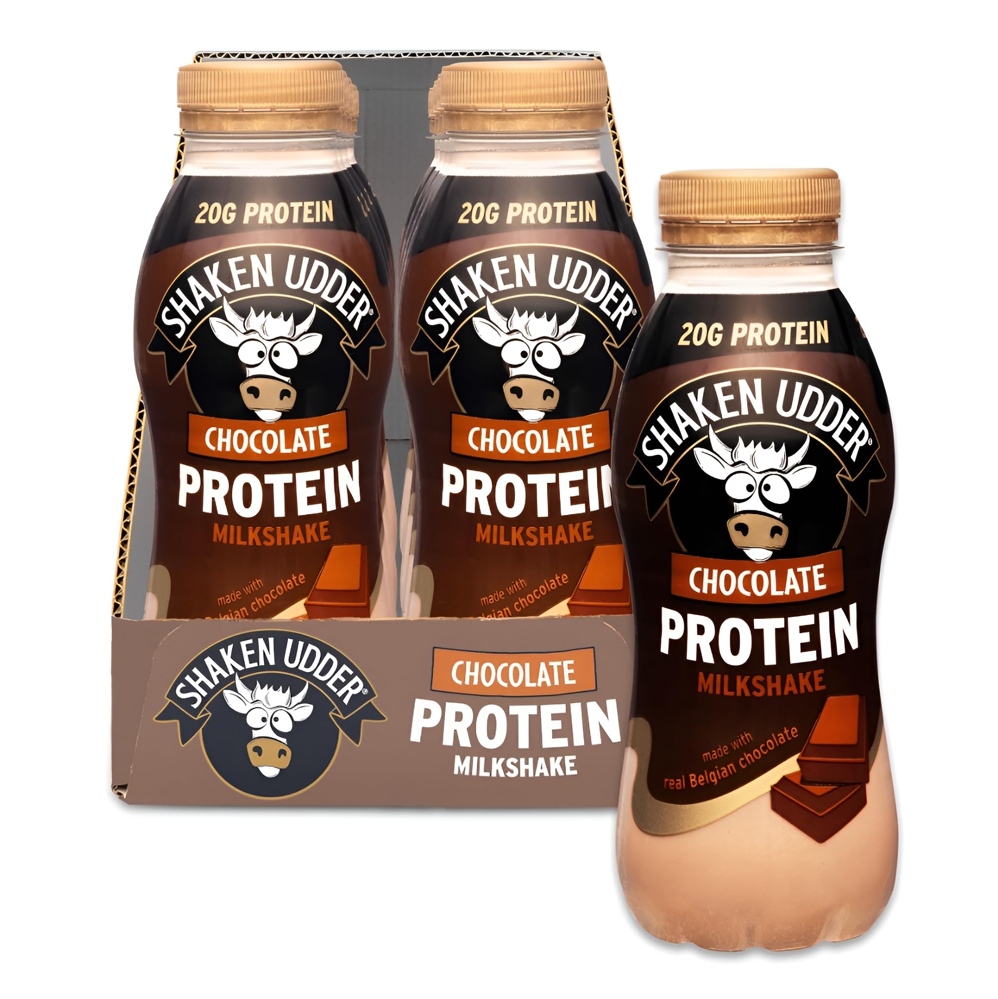 Shaken Udder Chocolate Protein Milkshake,8 x 330ml,Made with Real Belgian Chocolate,High Protein & Calcium,Less Than 5% Added Sugar,Vegetarian & Gluten-Free