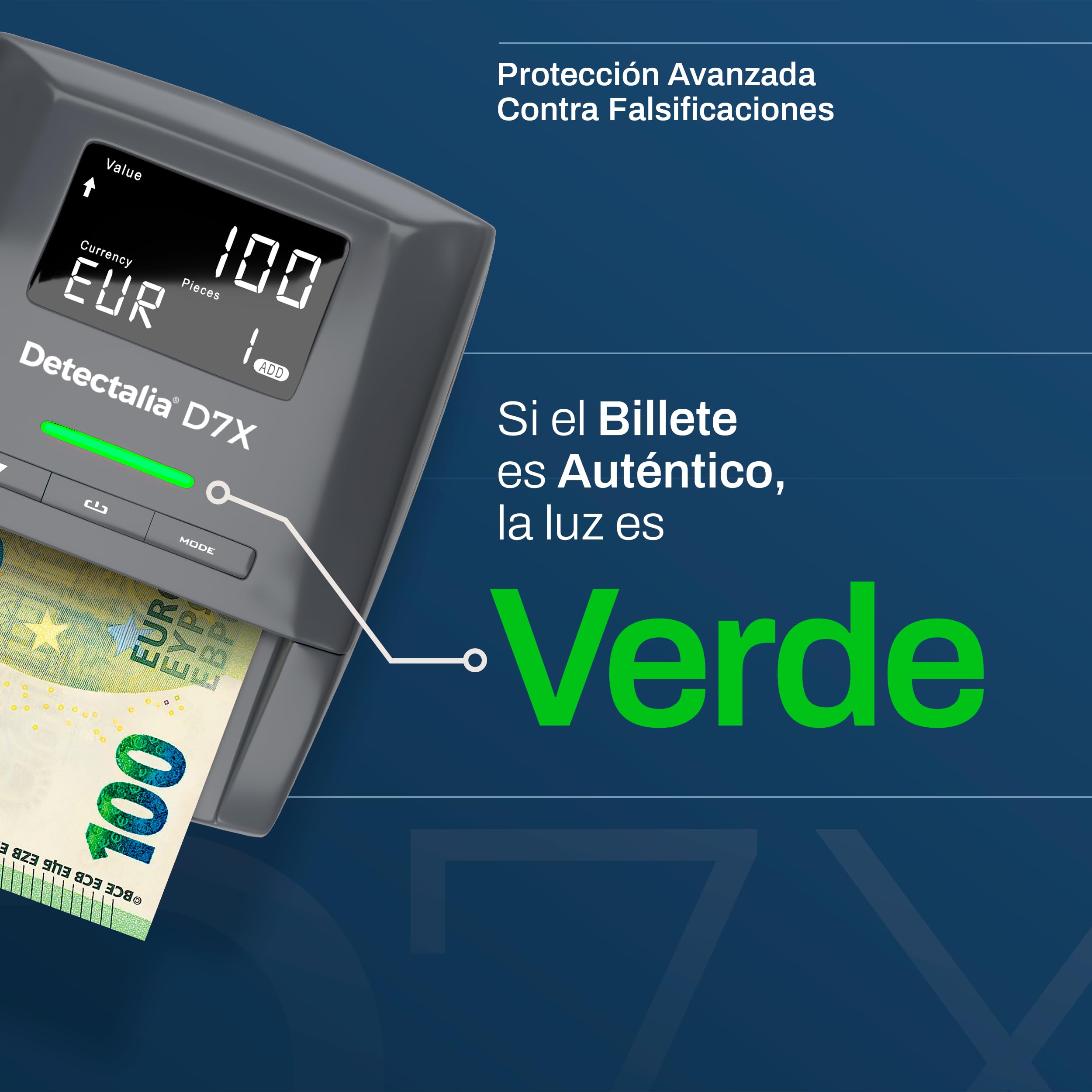Detectalia D7X - Detector de billetes falsos con 7 sistemas de detección y 100% fiabilidad para 6 divisas EUR, GBP, CHF, PLN, CZK y SEK - 14 x 12 x 6 cm