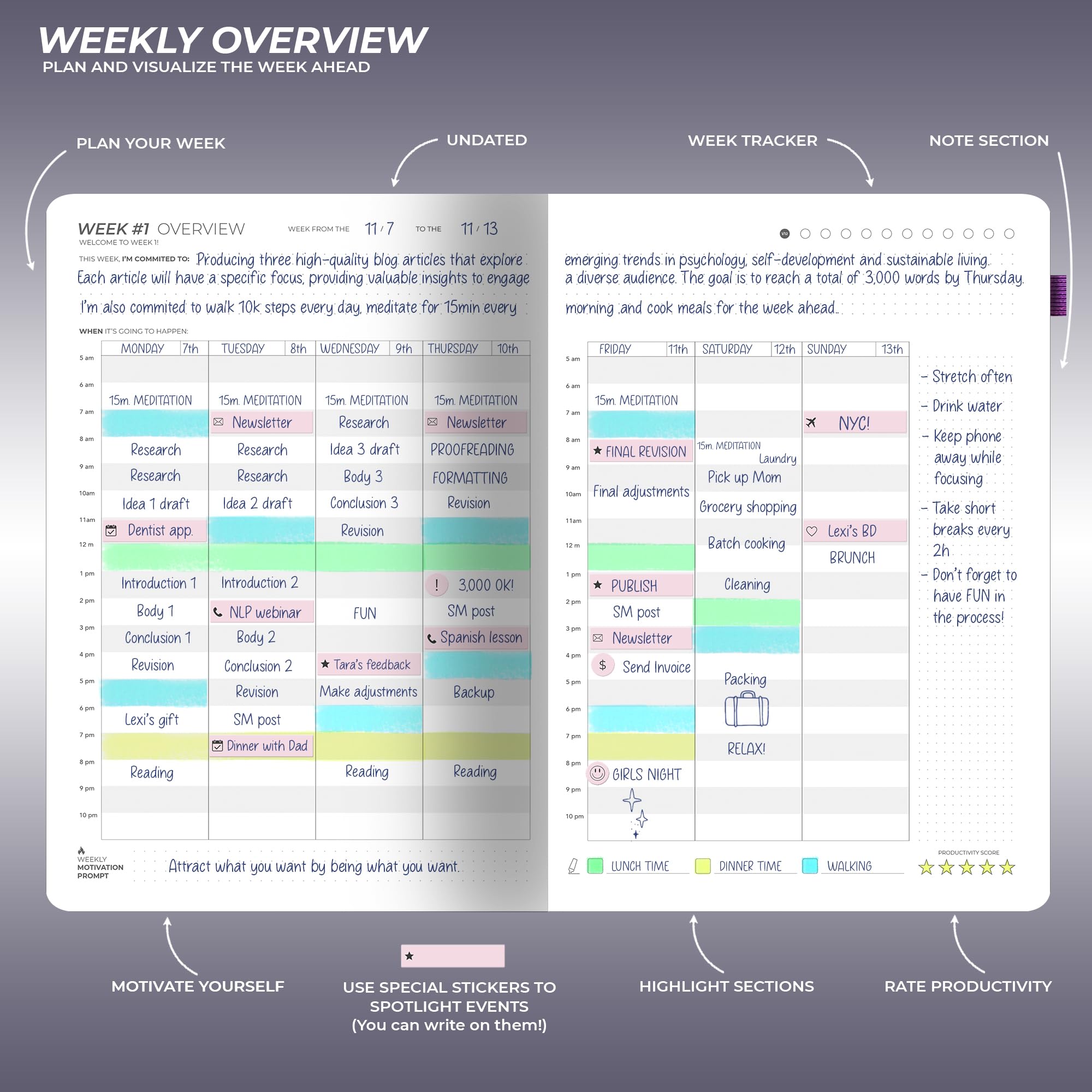 Planificador de enfoque de 12 semanas, diario de productividad y planificación de proyectos sin fecha para establecer objetivos, seguimiento de hábitos y gestión del tiempo, diseño semanal guiado para