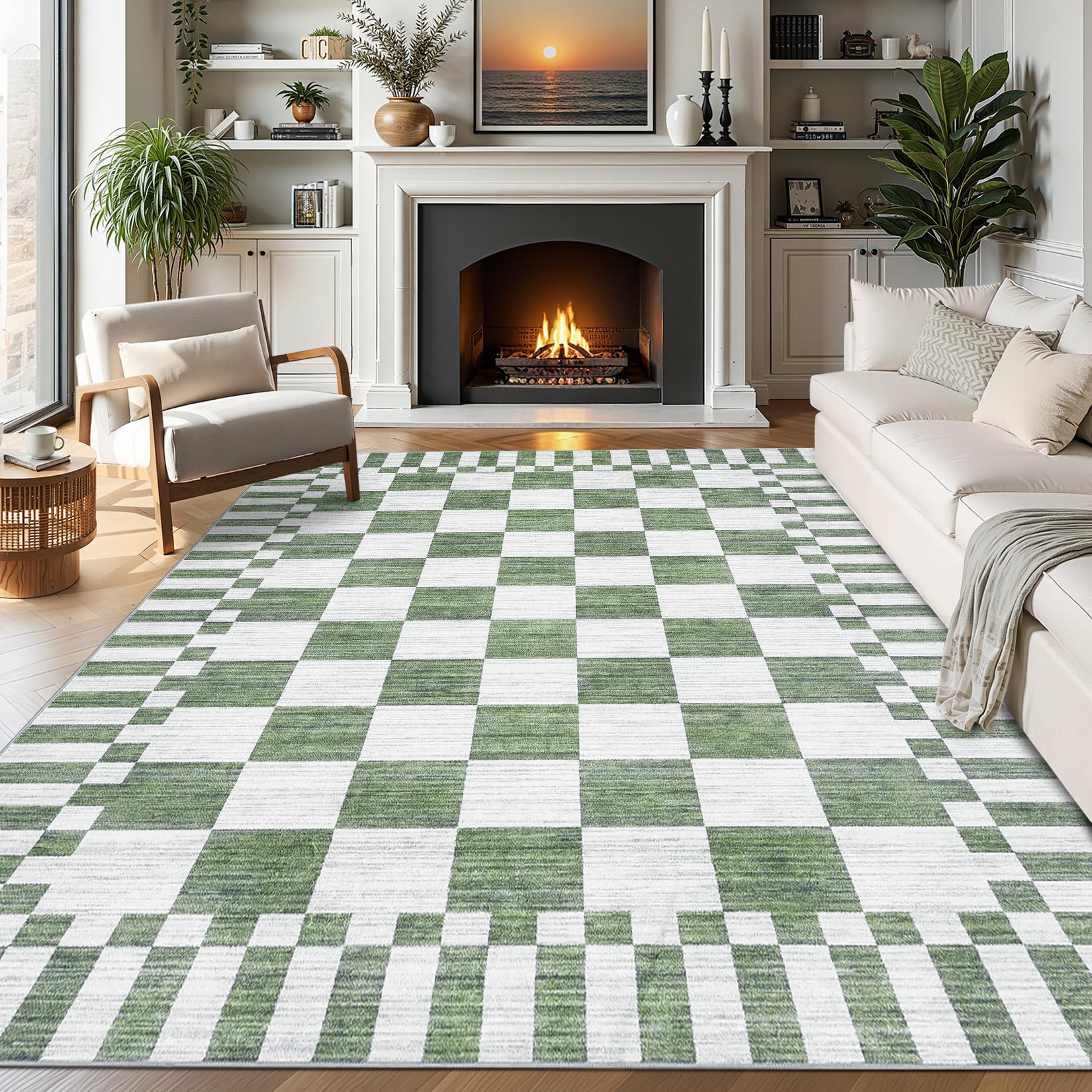 GarveeHome Sage Green Checkered Rug 6×9 Area Rugs for Living Room，Non-Slip Washable Rug Soft Low-Pile, Modern Farmhouse Geometric Rugs for Bedroom