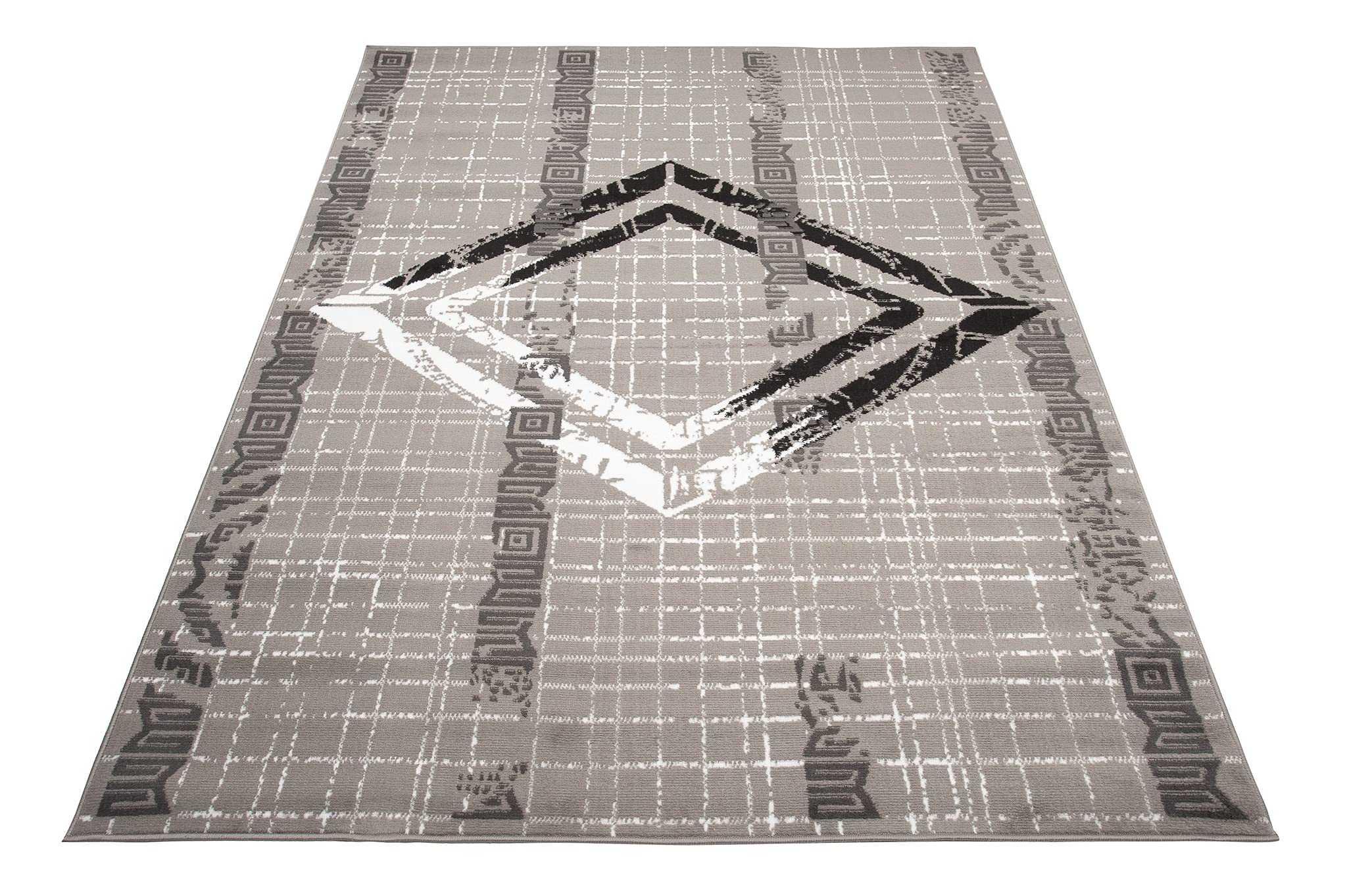 TAPISO Atena Tapis de Salon Chambre Ado Design Moderne Gris Blanc Noir Motif Grec Doux Fin Poil Court 140 x 200 cm