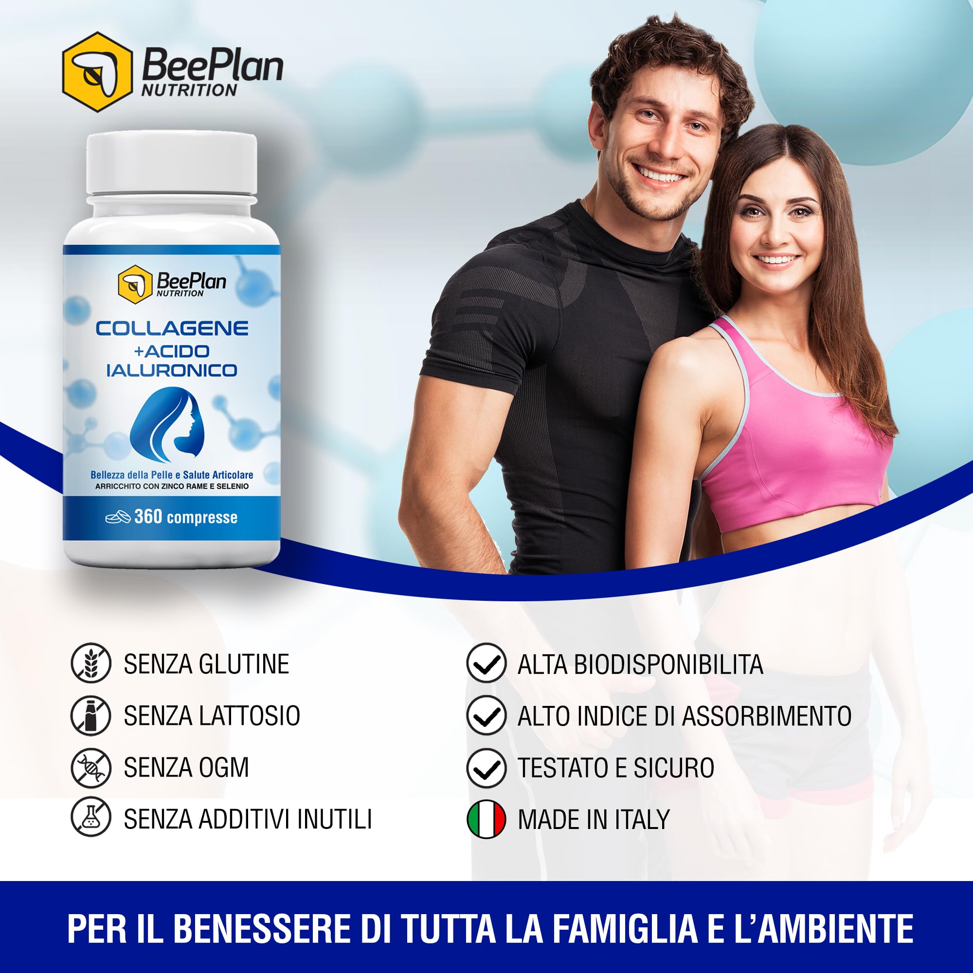COLLAGENE 360 Compresse - Collagene Idrolizzato 2000 mg - Collagene e Acido Ialuronico - Pelle Luminosa, Articolazioni Sane e Ossa Forti - NUOVA Formula Potenziata - Made in Italy