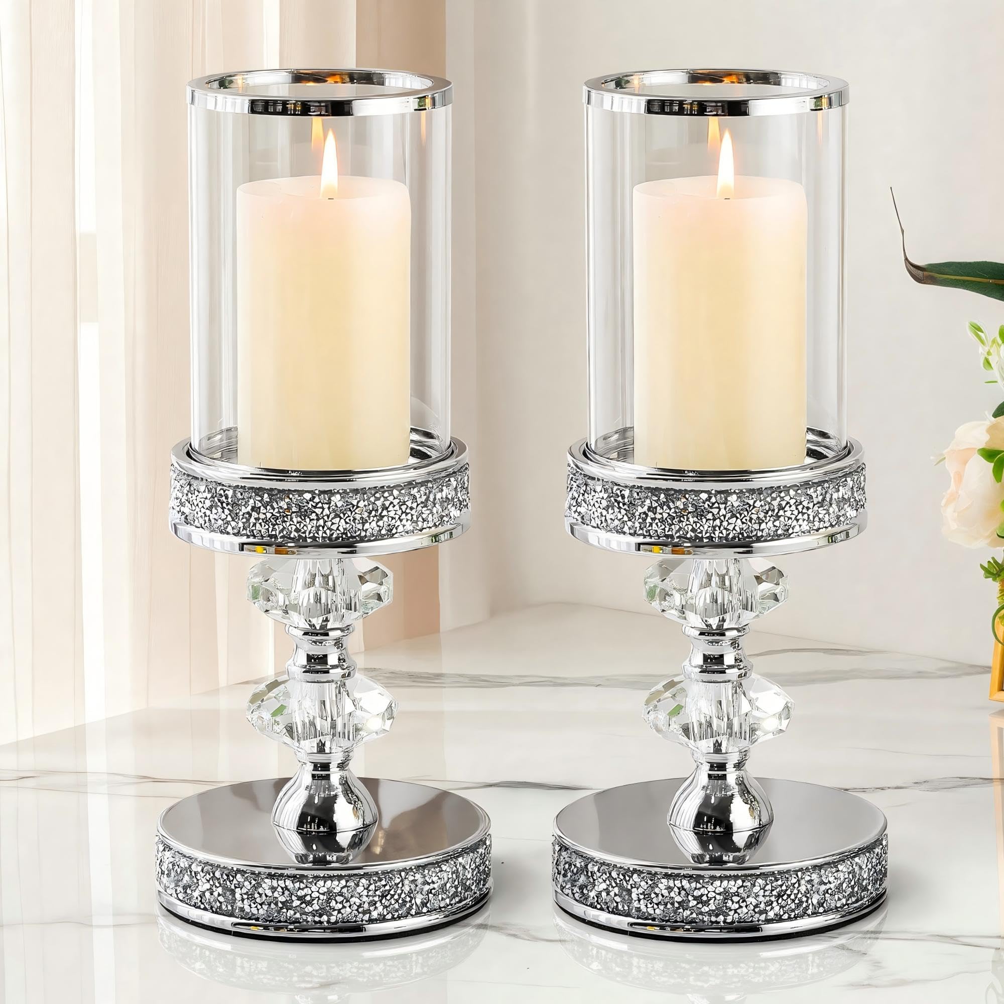 Pillar Candle Holder, 29.2cm Tall Hurricane Stand with Tempered Glass Panels, Silver Crystal Ornaments for Living Room, Centrepiece Table, Wedding, Fireplace, Party (Large, Set of 2)