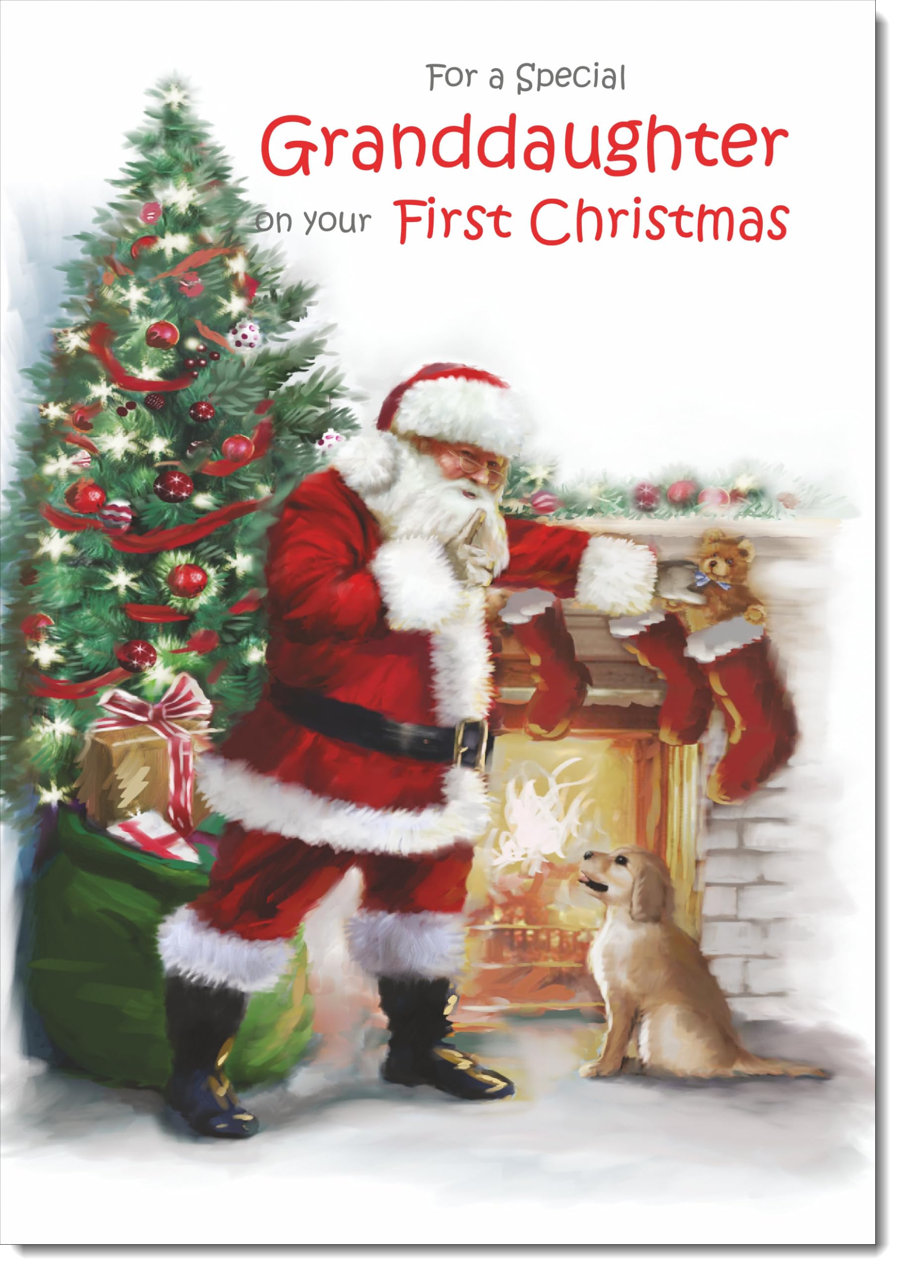 doodlecards Granddaughters 1st First Christmas Card Santa by Christmas Tree Large A4 Size Christmas Card for Granddaughters 1st with Plain Envelope โ image 1