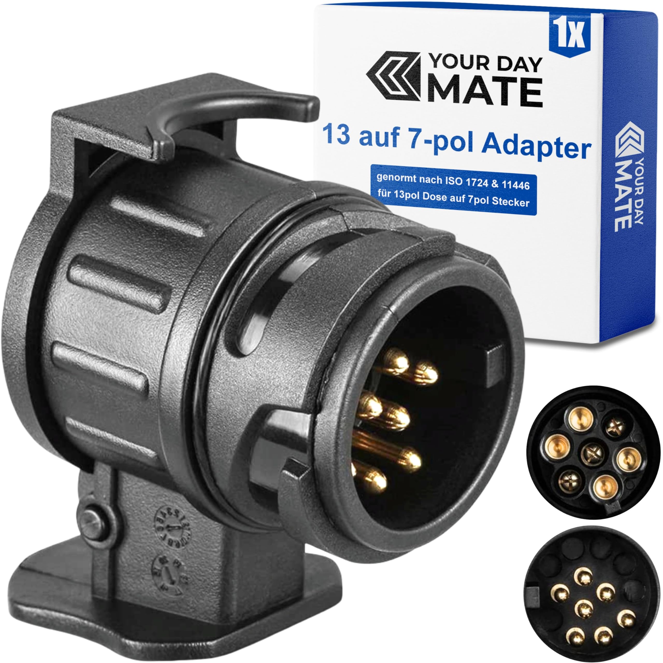 13 auf 7-pol Adapter Stecker, Steckverbindung 7 Pol Anhängerstecker zu 13 Pol Auto Steckdose, 13-7 Pin Adapterstecker nach ISO 11446 und 1724 genormt, AHK Verbinder 12 V Systeme, Anhänger Steckadapter