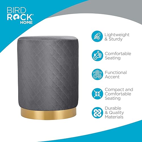 Miniatura 8 de BIRDROCK HOME Taburete otomano redondo de terciopelo con diseño de celosía y ribete dorado, reposapiés suave y acolchado para sala de estar o