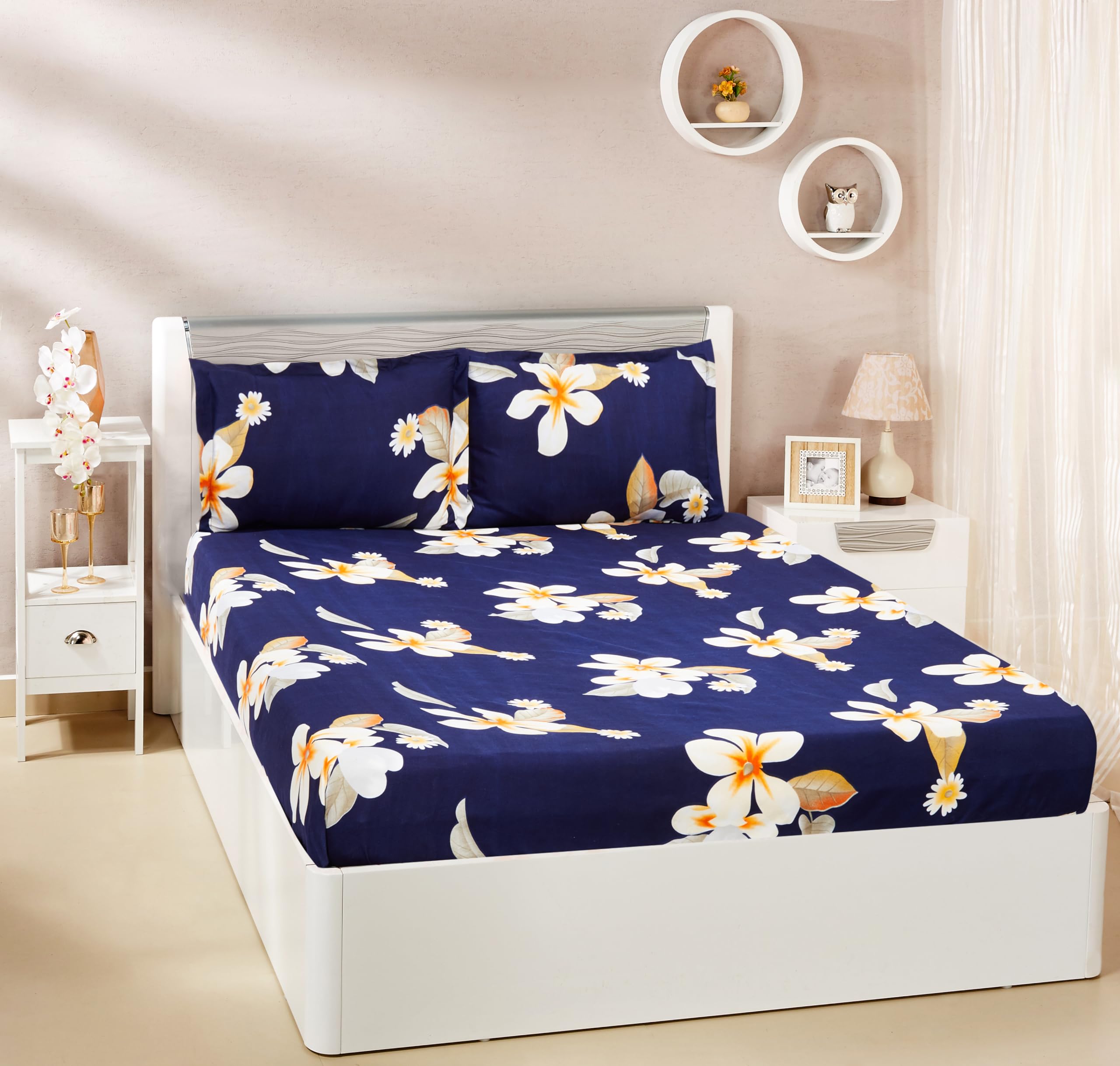 Amazon Brand - Solimo Floral Pride Microfibre Elastic Fitted Bedsheet for Double Bed with 2 Pillow Covers (Navy Blue), 144 Tc (B0CDWQ98K3) Amazon Price History, Amazon Price Tracker
