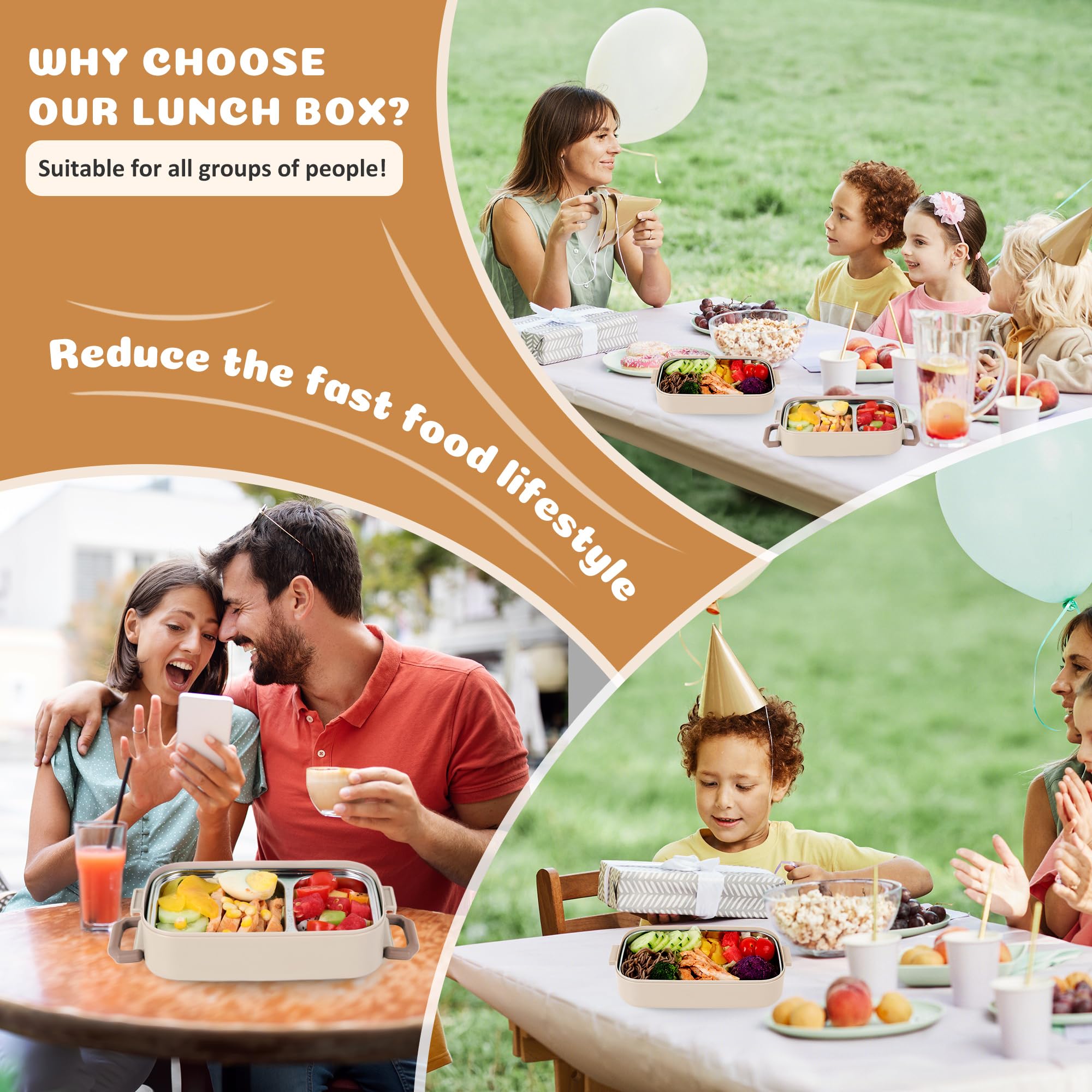 Bento-Lunchbox für Kinder, Damen, Herren, 1,3 l, 2 Fächer, Salat, Metall, Lebensmittelzubereitungsbehälter für Mittagessen, Edelstahl, 3 Schichten, stapelbar, Lunchbehälter mit Deckel, für Erwachsene