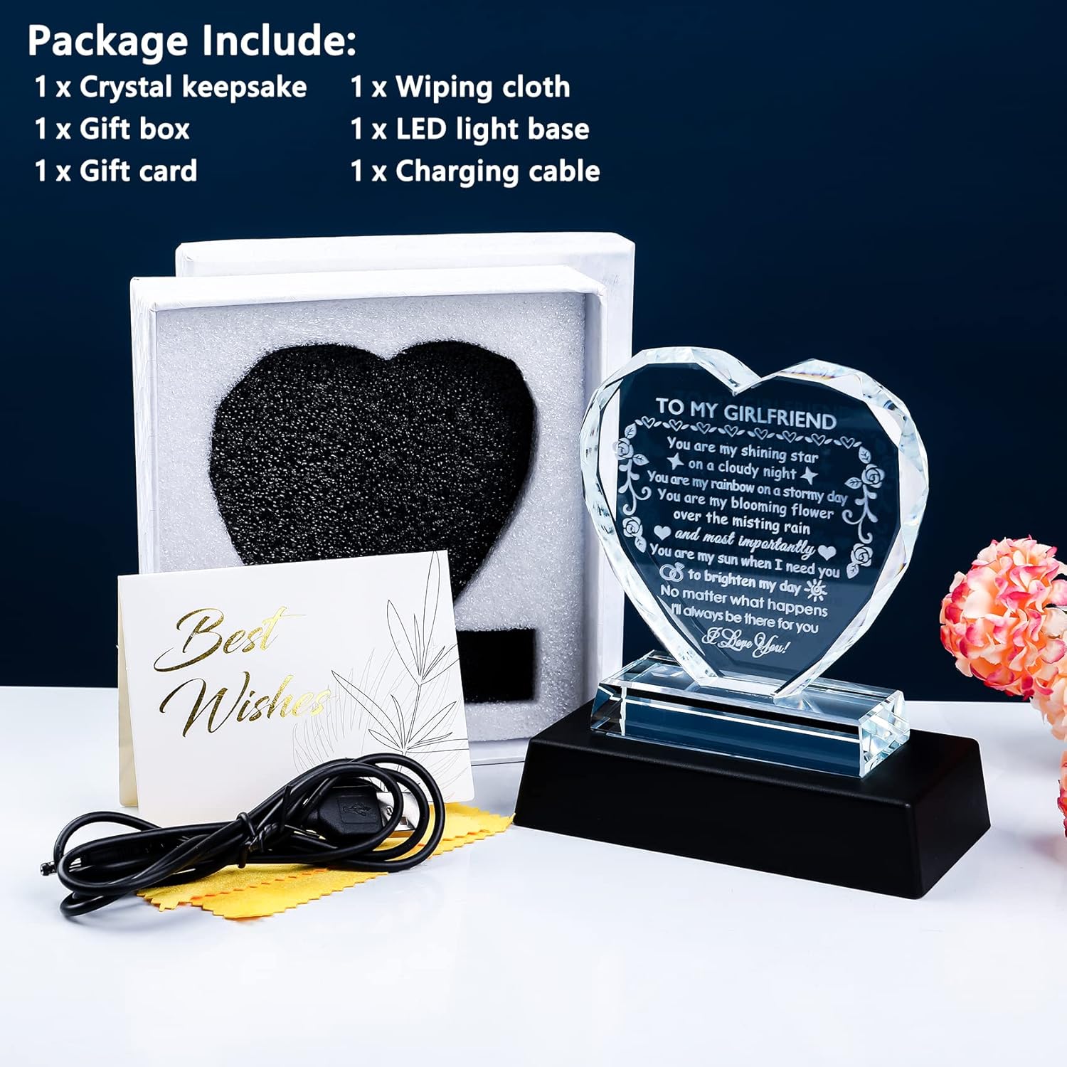 YWHL Romantic Girlfriend Gifts from Boyfriend, To My Girlfriend Crystal Heart Shaped Keepsake with Colorful Light Base, Girlfriend Birthday Gift, Gifts for Girlfriend on Anniversary Valentine - Image 6