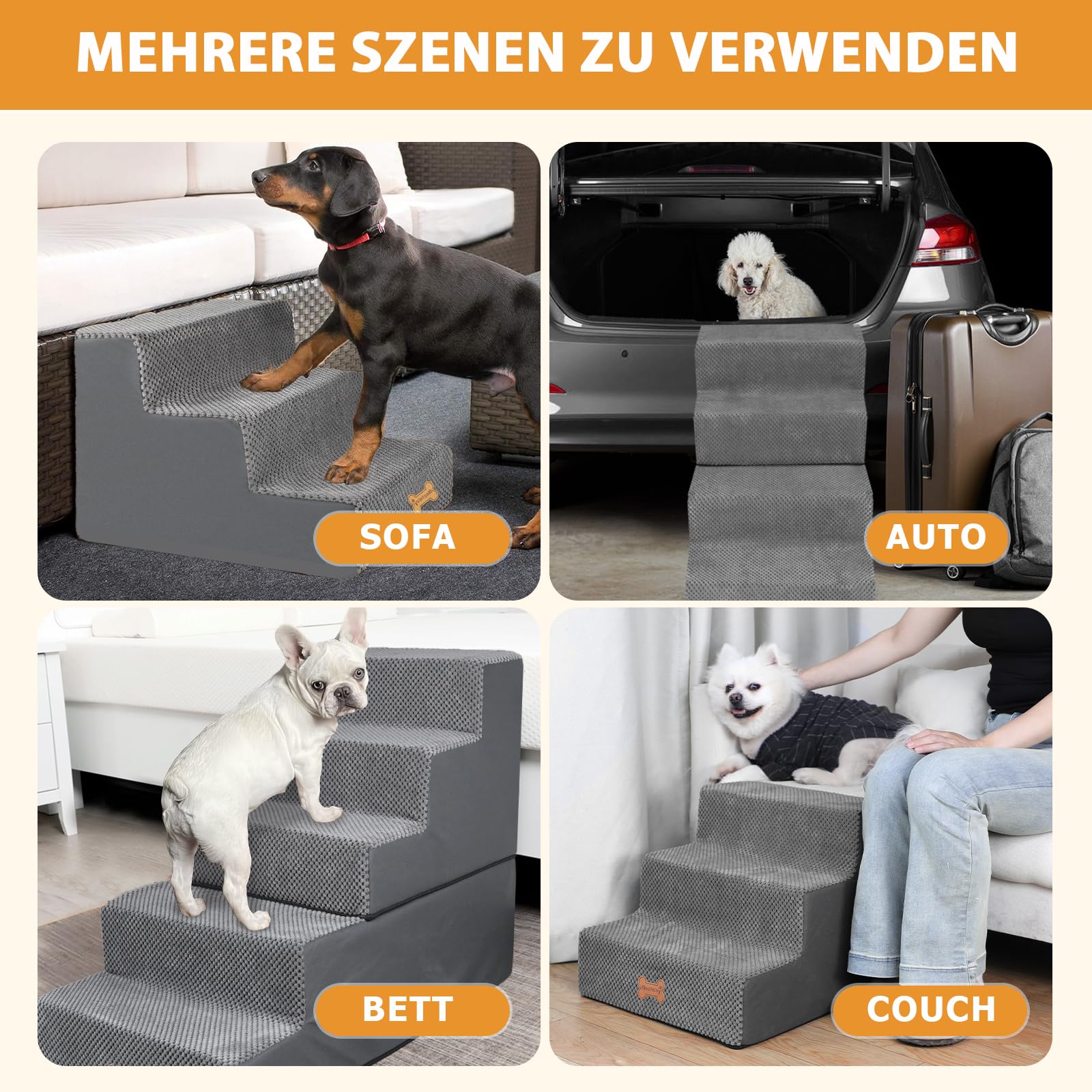 Nepfaivy Hundetreppe für Kleine Hunde 3-Stufig, Hundetreppe Hunderampe für Bett und Sofa aus Hochdichtem Schwamm, Haustiertreppe mit Abnehmbarem, Waschbarem Bezug und Rutschfestem Boden, 45x40x34cm
