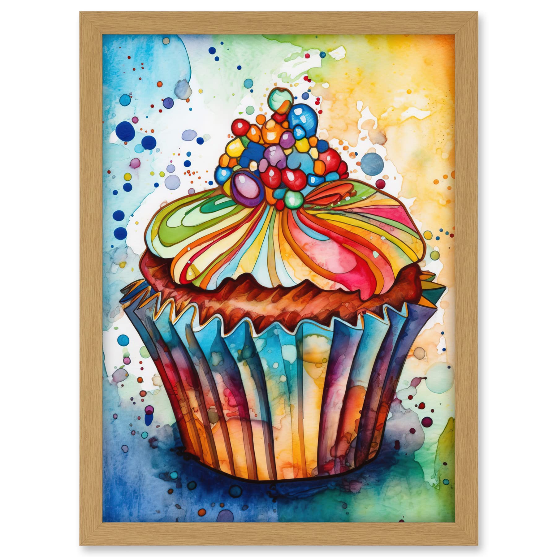 Artery8 Cupcake With Sprinkles Vibrant Watercolour Painting Artwork Framed A3 Wall Art Print