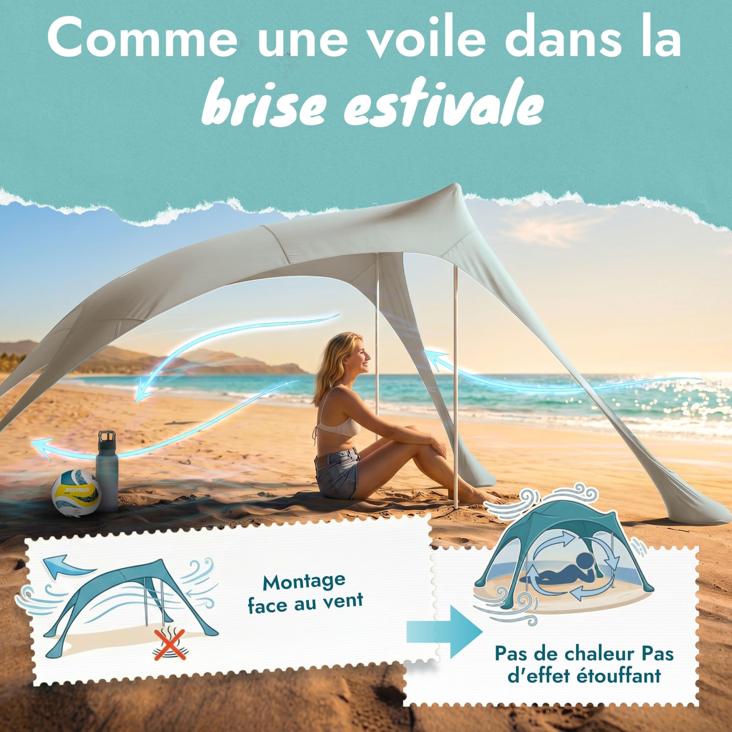 Tente de plage avec voile d’ombrage – Abri de plage avec protection UV UPF50+, stable au vent et léger, tente de plage nouvelle génération (2 barres, Sable)