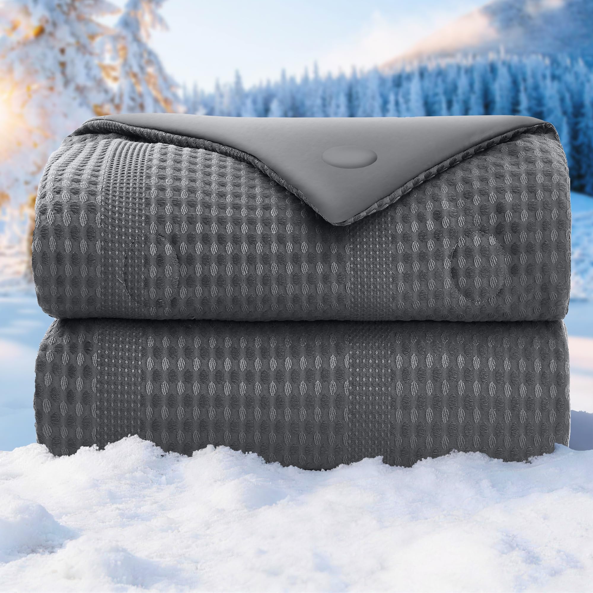 Waffle Weave Cooling Comforter Queen Size, Q-Max 0.45 Reversible Cooling Blanket for Hot Sleepers, Breathable Lightweight Silk Smooth Summer Bedding, Quilted Ice Blanket, Dark Gray