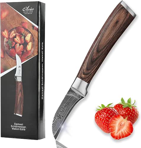 Wakoli EDIB Schälmesser mit gebogener 6-cm-Klinge aus 67 Lagen Damaststahl