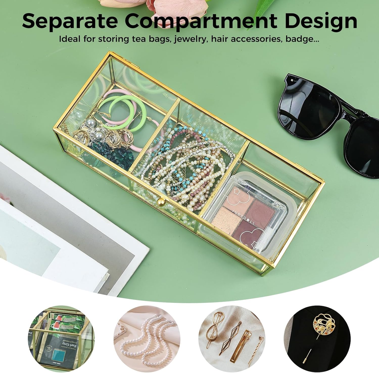 HighFree Gold Glass Tea Bag Organizer, Countertop Storage Box with Lid, Clear Multi-Use Display Case for Tea Bags, Rings, Earrings & Cosmetics (3 Compartments)