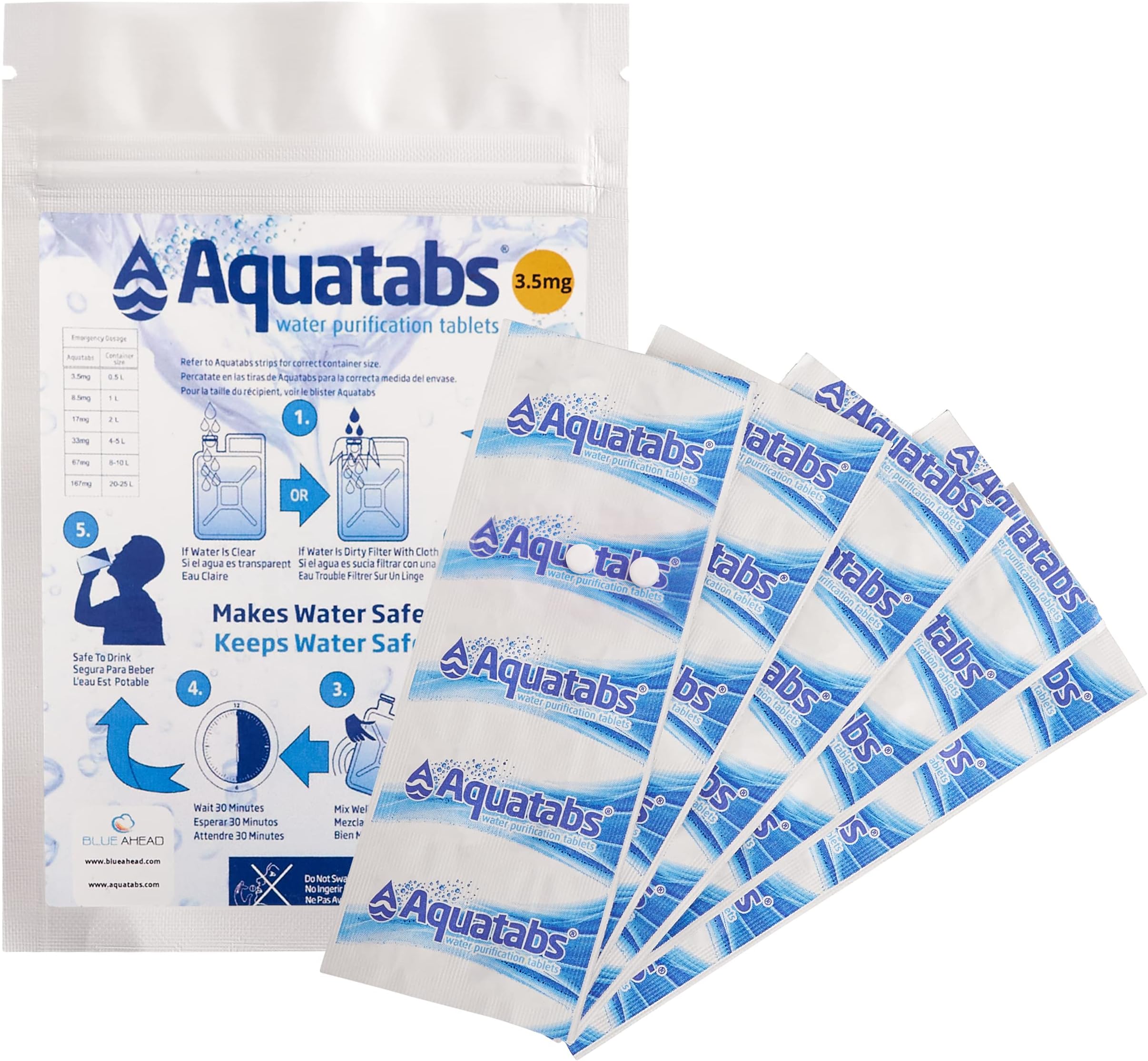 Aquatabs Water Purification Tablets 3.5 MG x 50, Water Filter System for Drinking While Hiking, Backpacking, Camping, Emergencies, Survival Kits, and Home-Use.1 Tablet Cleans 500ml - 1 litre (1)