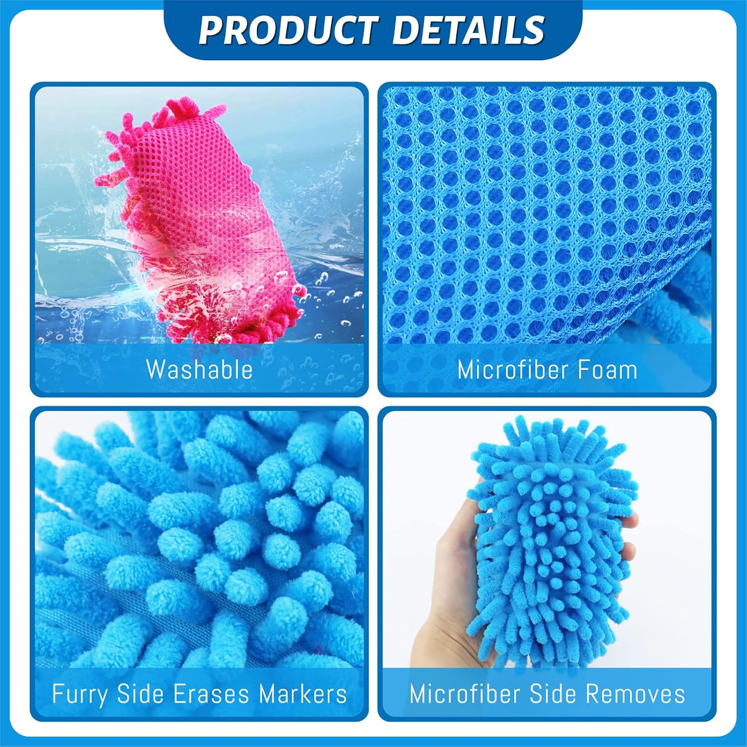 Microfiber Shag Whiteboard Eraser Washable Dry Erase Erasers Dual Board Cleaner for Markers, Chalk, Office, and Home, 5" x 3", 4 Pack