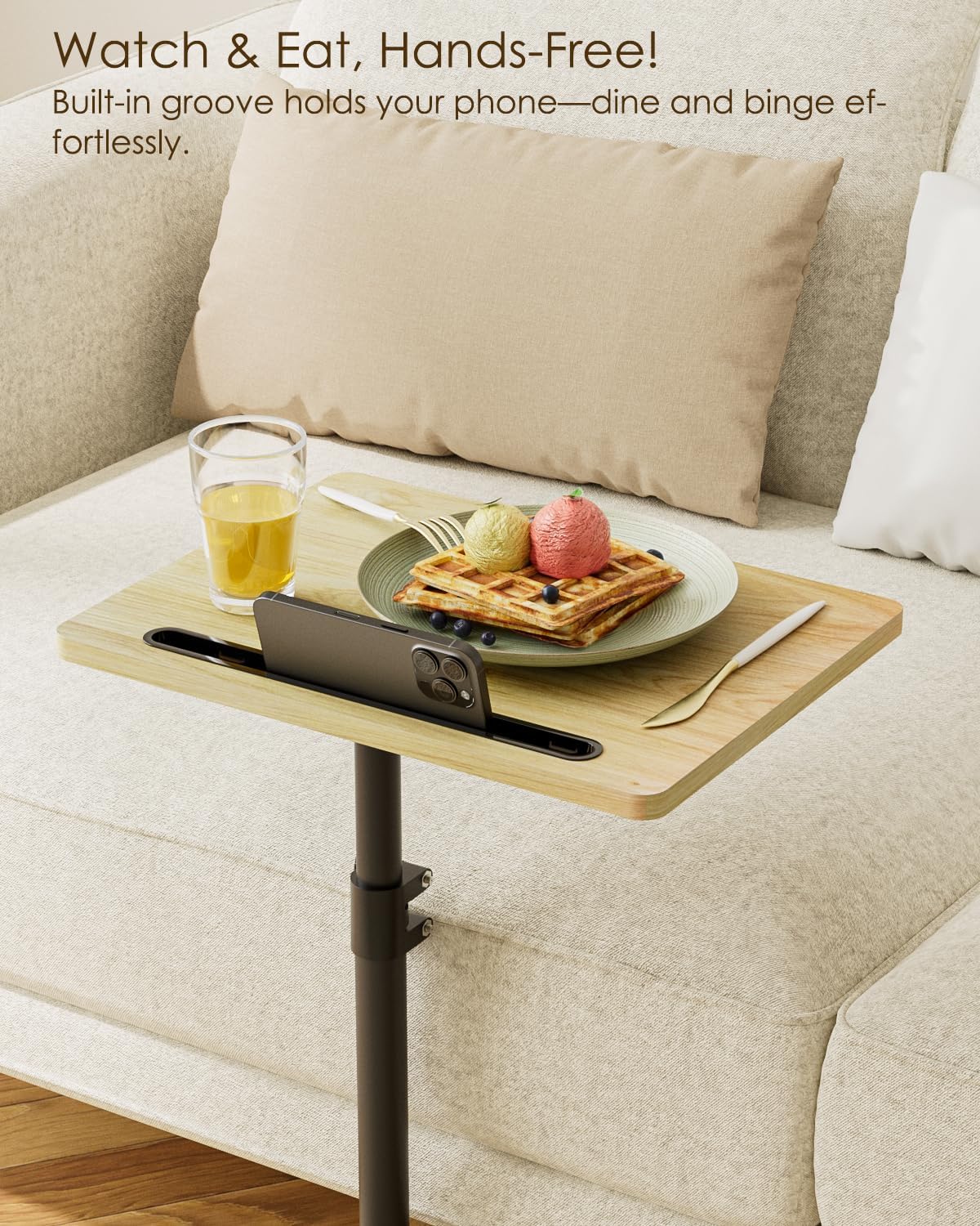 Masupu Sofa Arm Tray Table - 360° Swivel Height Adjustable End Table, Small Snack Side Table for Couch, C Shaped Table for Bed, Chair or TV Tray Table(Natural)