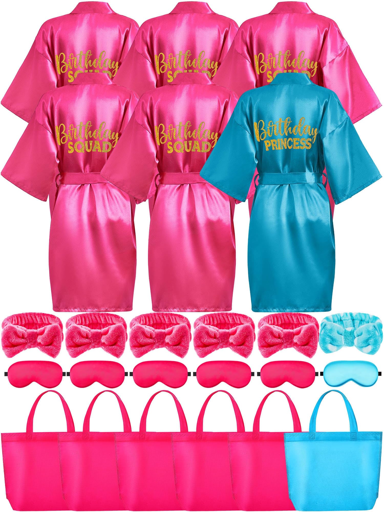 Sintuff 24 Stück Mädchen Spa Party Zubehör für Sleepover Geburtstag 6 Spa Bademäntel Schlummerparty 6 Tragetaschen 6 Stirnbänder 6 Masken, Blauer Geburtstag, 14